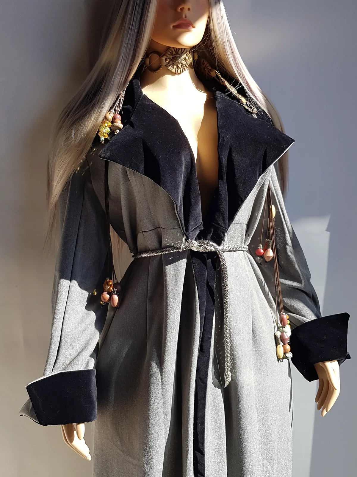 90s Vintage Floor Length Romantic Goth Coat - Large Velvet Feature Collar & Wild Cuffs - Tie front to wear with your choice of belt - Looks Great Worn Open