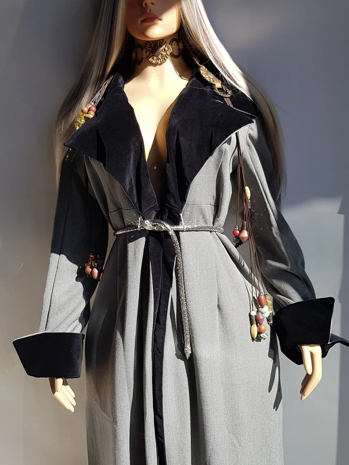 90s Vintage Floor Length Romantic Goth Coat - Large Velvet Feature Collar & Wild Cuffs - Tie front to wear with your choice of belt - Looks Great Worn Open