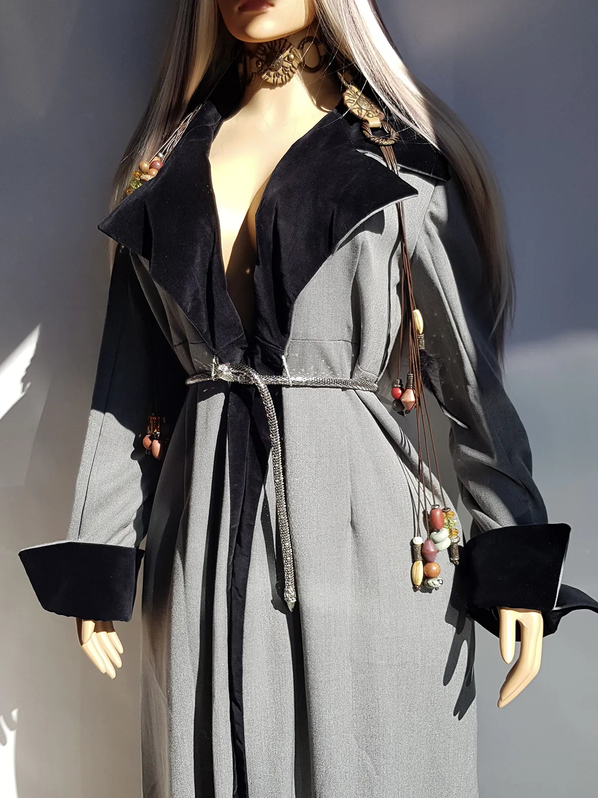 90s Vintage Floor Length Romantic Goth Coat - Large Velvet Feature Collar & Wild Cuffs - Tie front to wear with your choice of belt - Looks Great Worn Open