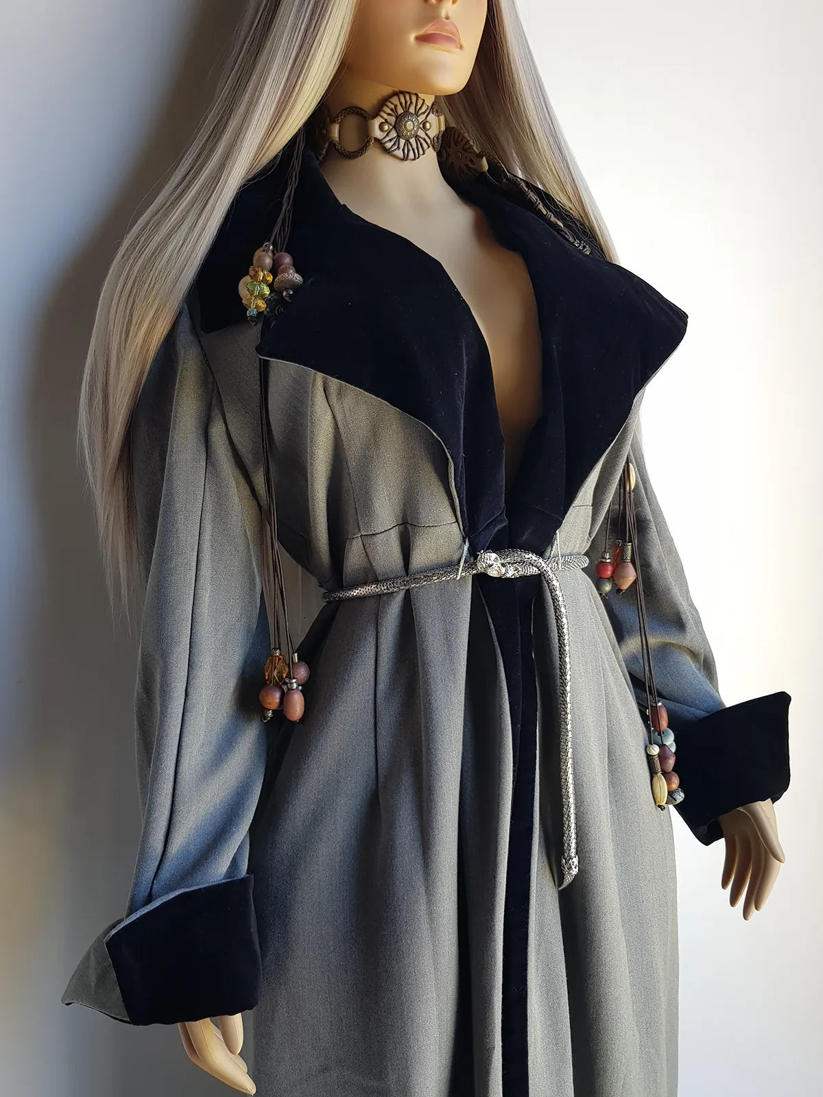 90s Vintage Floor Length Romantic Goth Coat - Large Velvet Feature Collar & Wild Cuffs - Tie front to wear with your choice of belt - Looks Great Worn Open