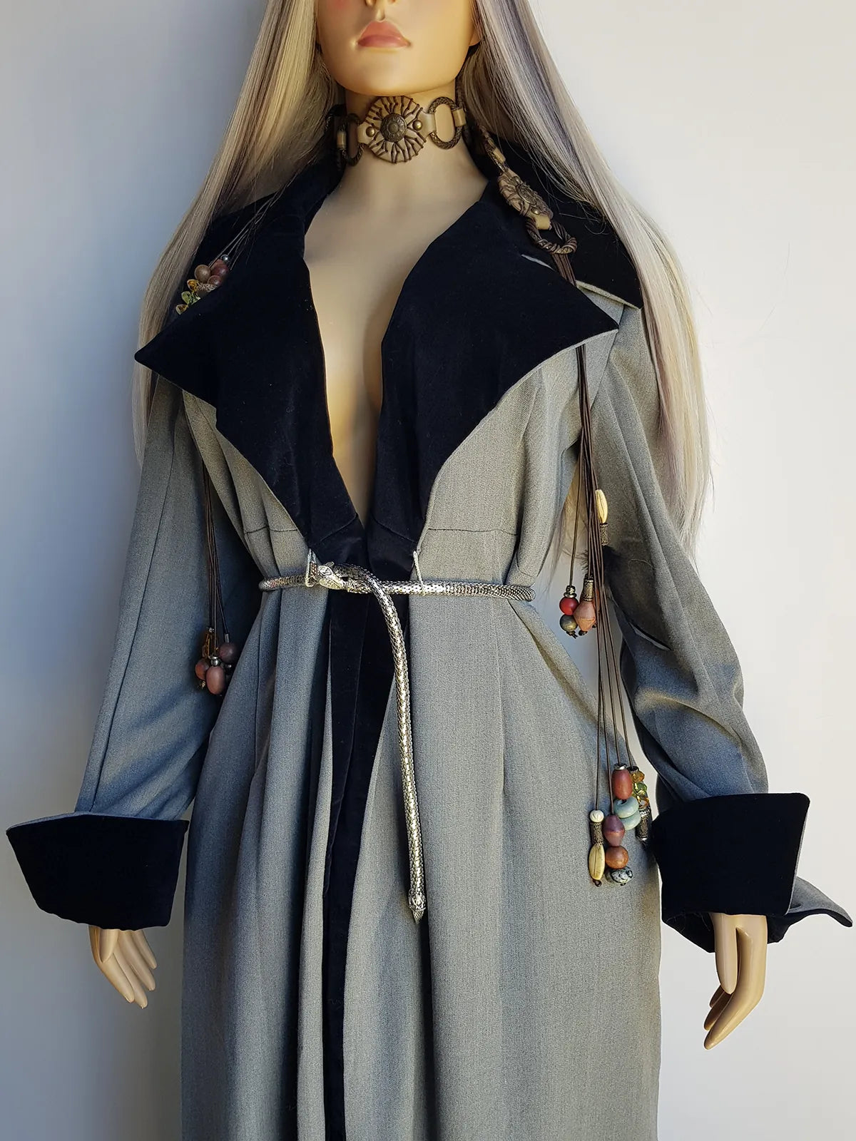 90s Vintage Floor Length Romantic Goth Coat - Large Velvet Feature Collar & Wild Cuffs - Tie front to wear with your choice of belt - Looks Great Worn Open