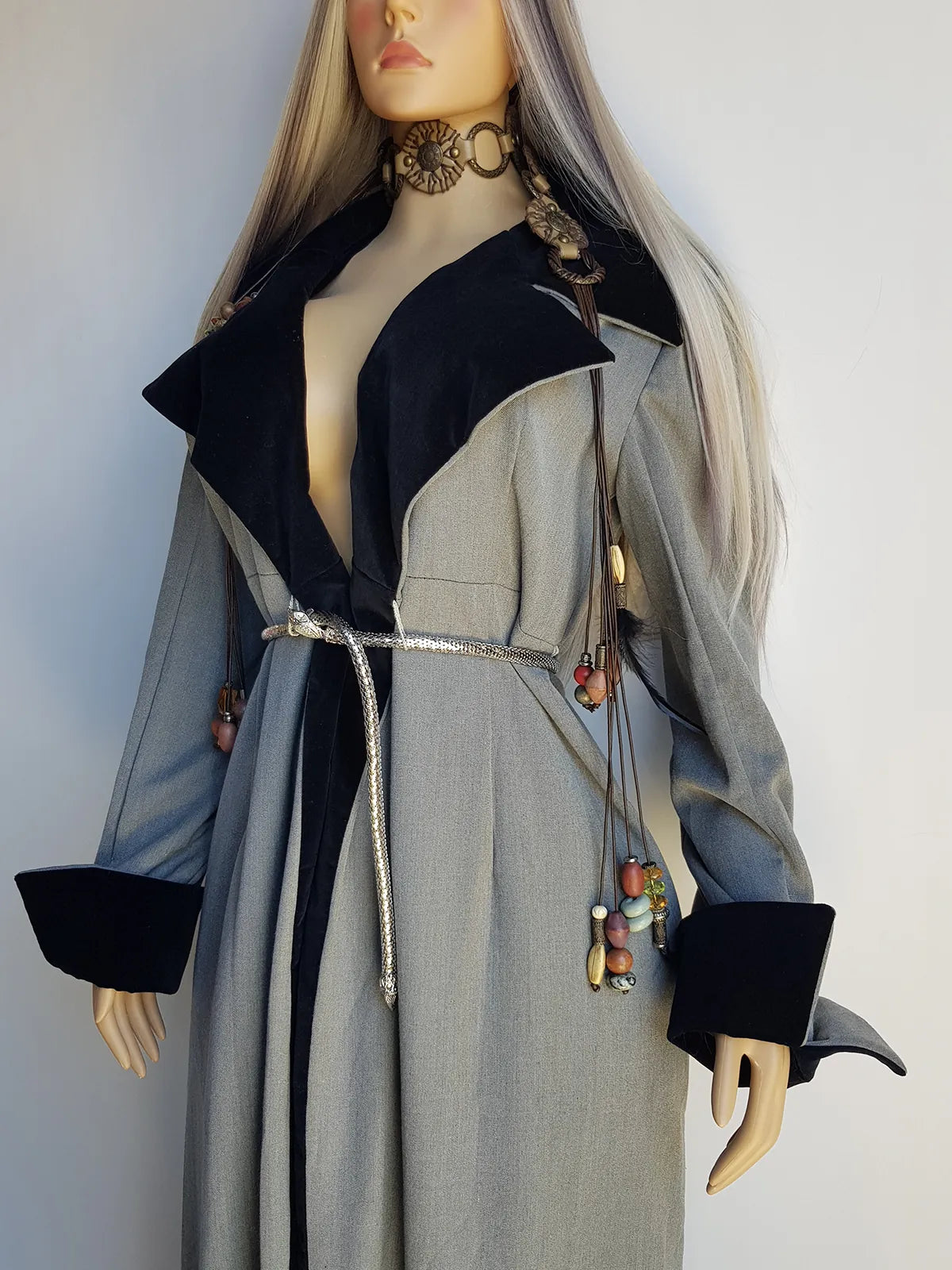 90s Vintage Floor Length Romantic Goth Coat - Large Velvet Feature Collar & Wild Cuffs - Tie front to wear with your choice of belt - Looks Great Worn Open