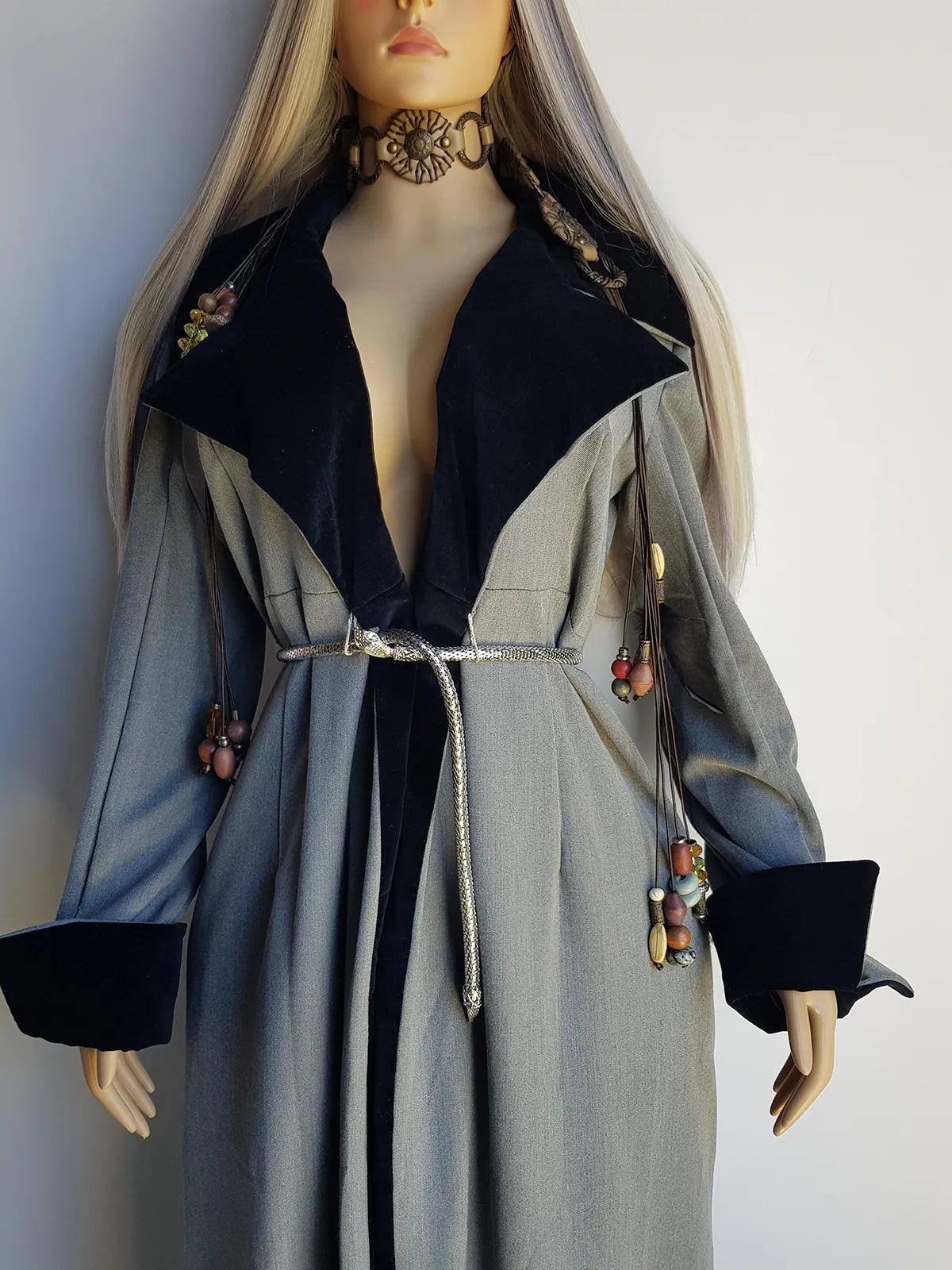 90s Vintage Floor Length Romantic Goth Coat - Large Velvet Feature Collar & Wild Cuffs - Tie front to wear with your choice of belt - Looks Great Worn Open