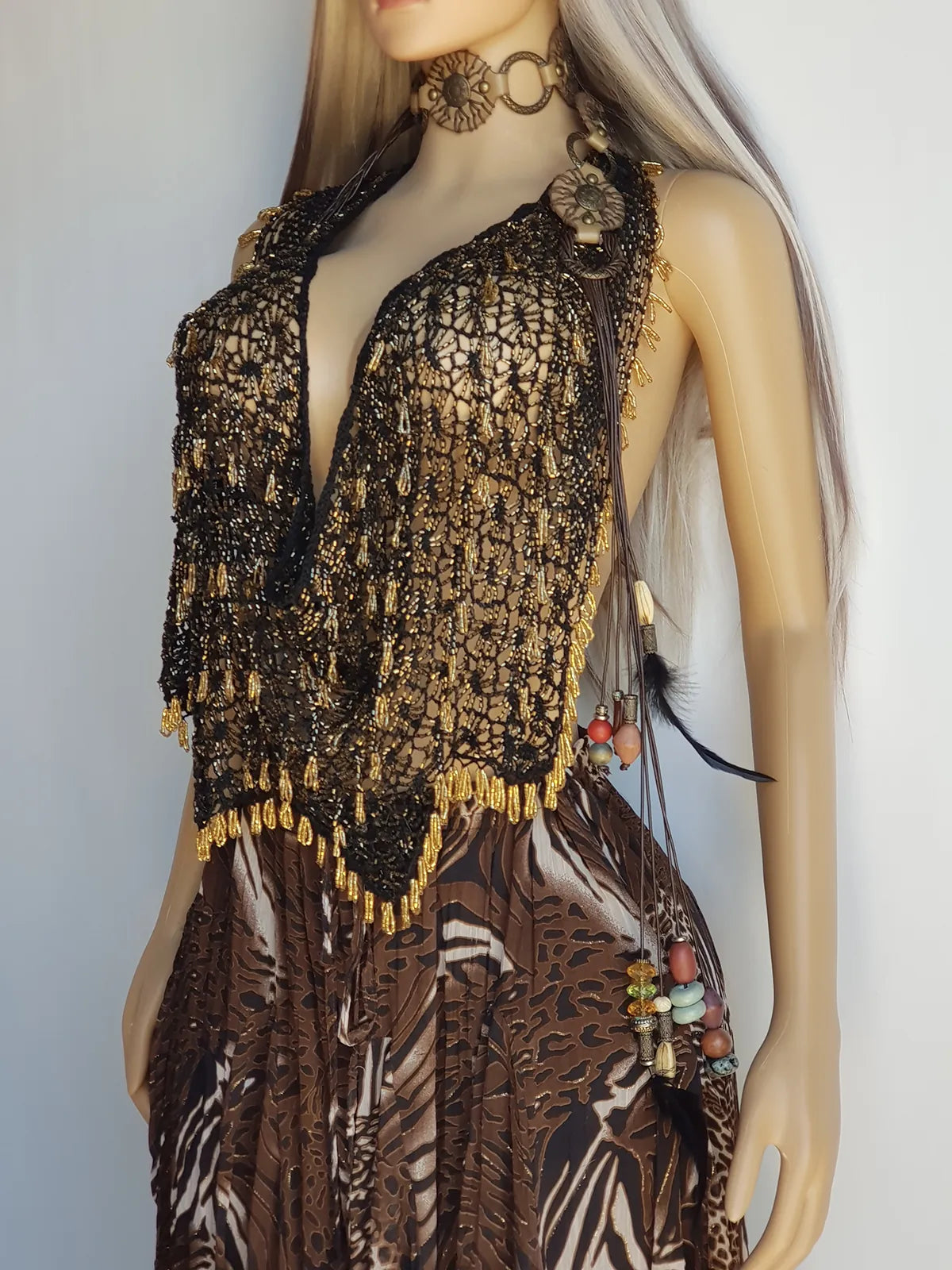 Insane 1970s Handmade Crochet Beaded Party Top / Skirt / Wrap - Tie at neck - Studio 54 - Black Crochet & Gold Beading