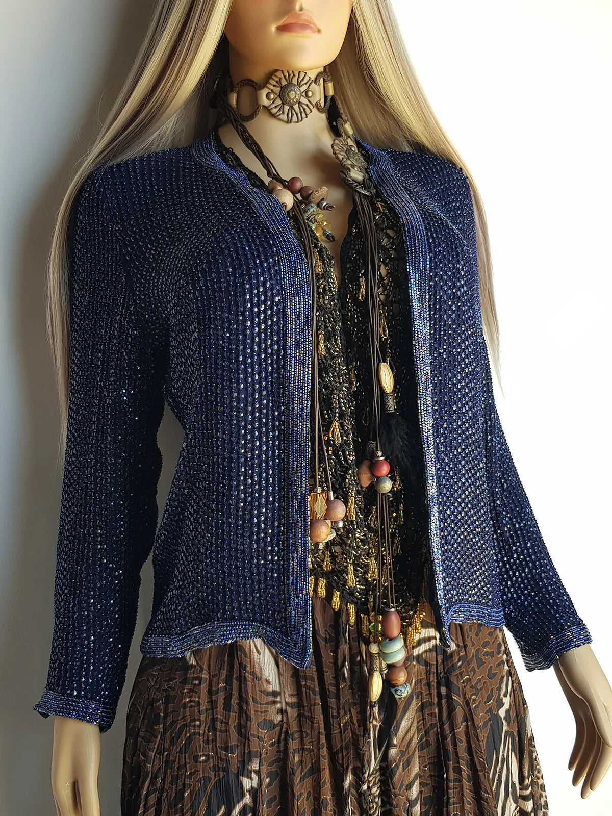 1990s Vintage Silk & Sparkly Handmade Evening -  Iridescent Blue Bead & Sequins Jacket