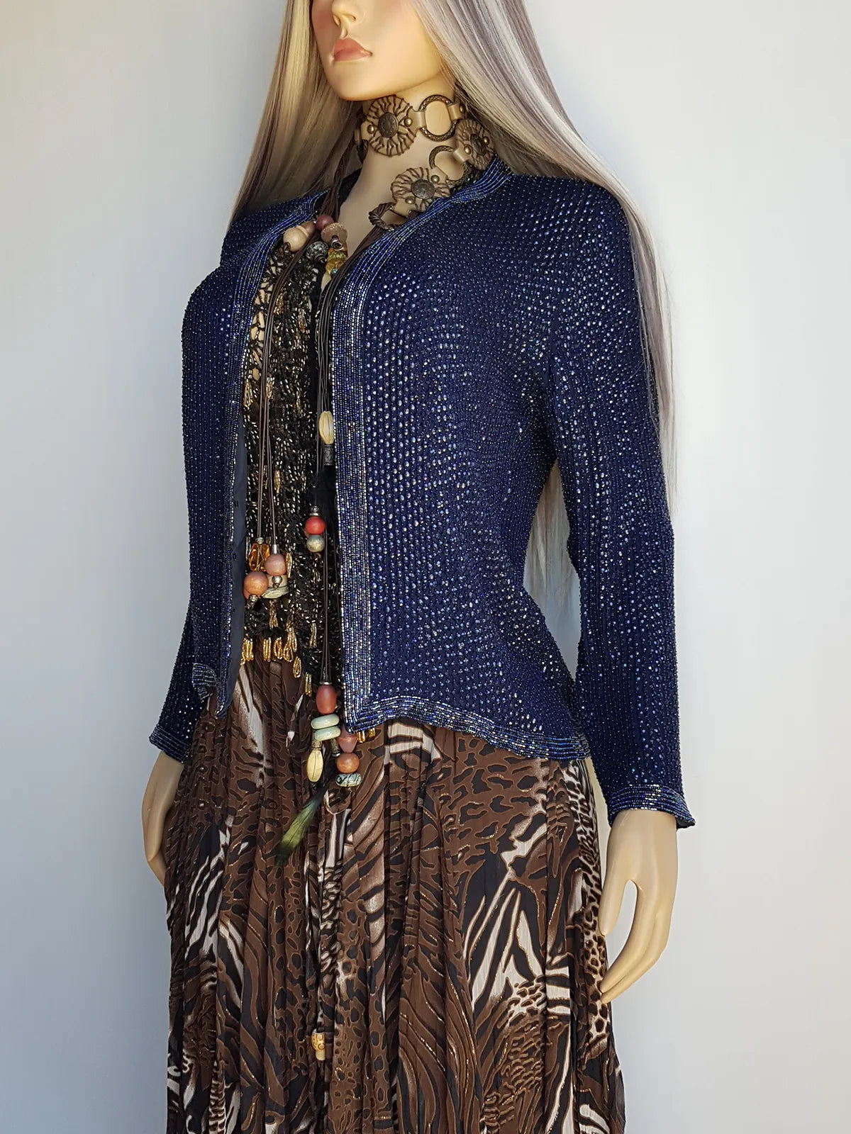 1990s Vintage Silk & Sparkly Handmade Evening -  Iridescent Blue Bead & Sequins Jacket