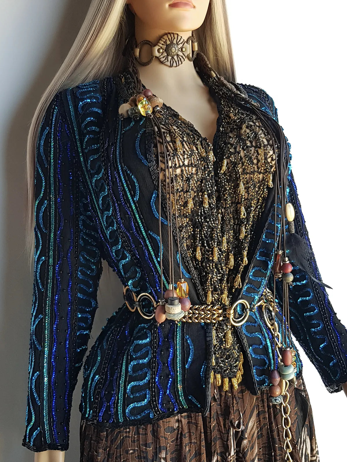 1980s Vintage 100% Silk Hand Beaded - Iridescent Blue - Sparkly Evening Jacket
