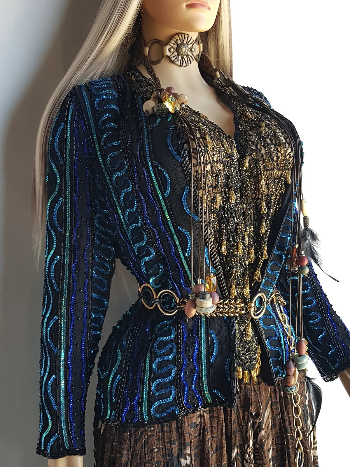 1980s Vintage 100% Silk Hand Beaded - Iridescent Blue - Sparkly Evening Jacket