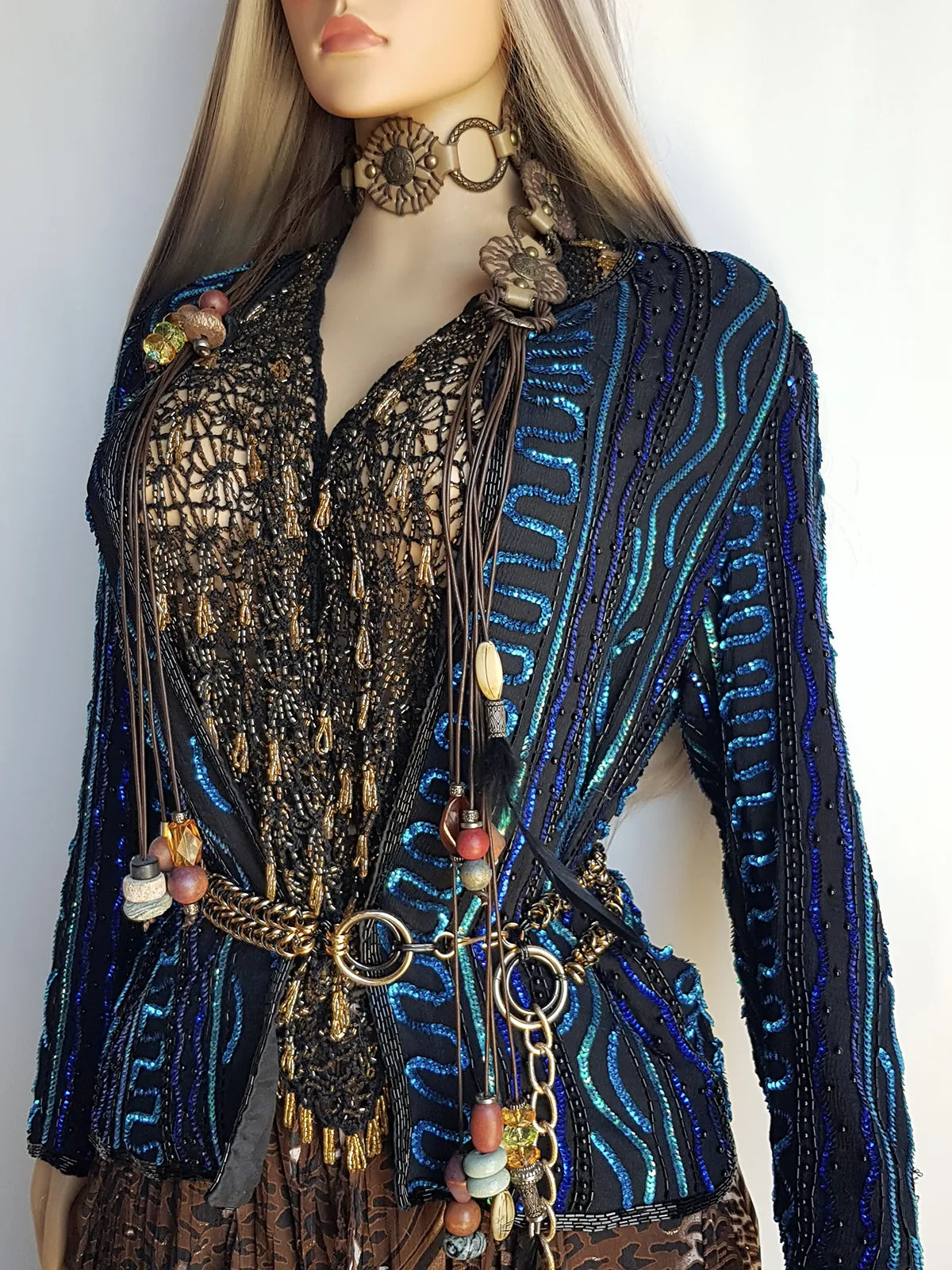 1980s Vintage 100% Silk Hand Beaded - Iridescent Blue - Sparkly Evening Jacket