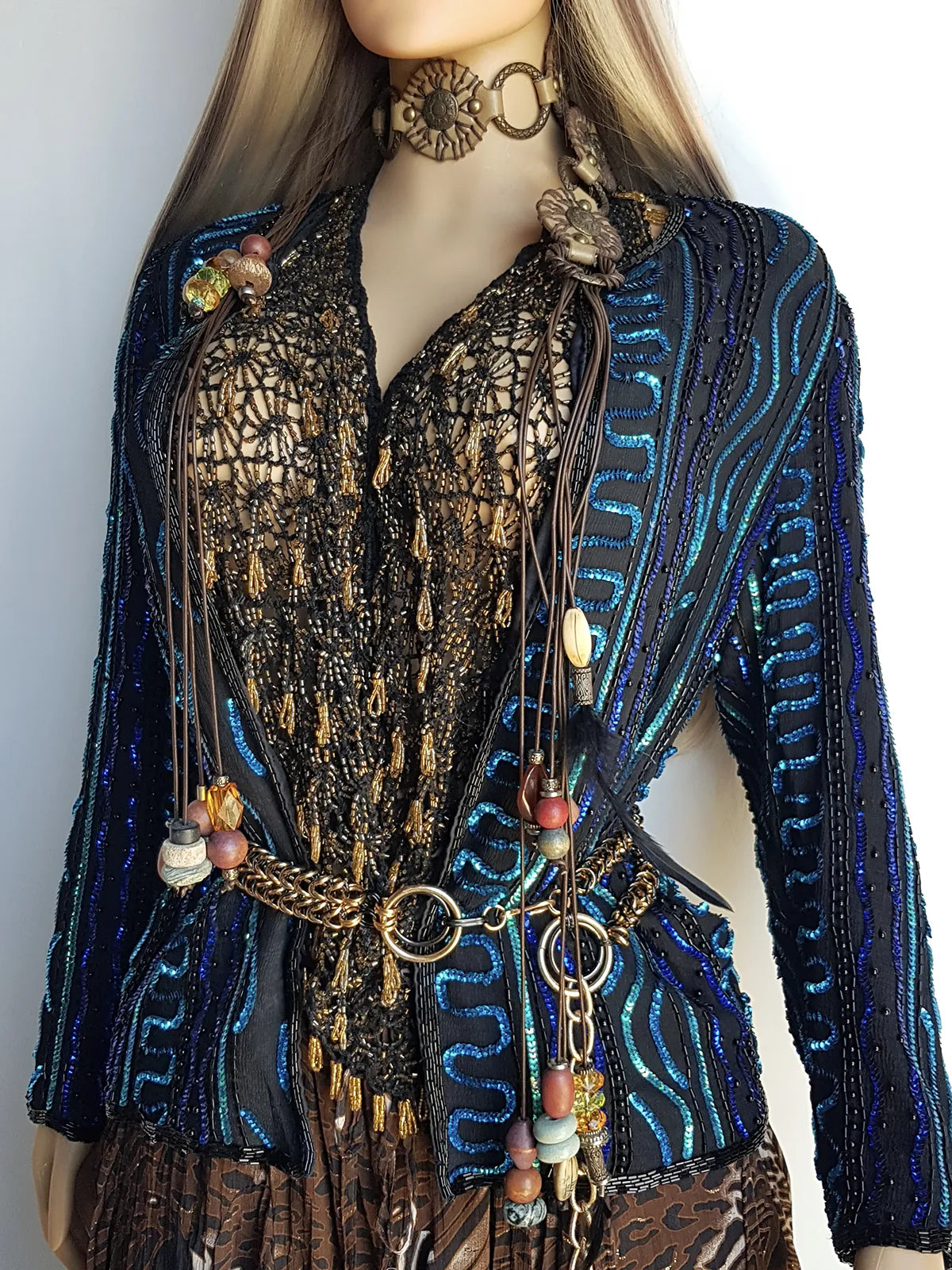 1980s Vintage 100% Silk Hand Beaded - Iridescent Blue - Sparkly Evening Jacket