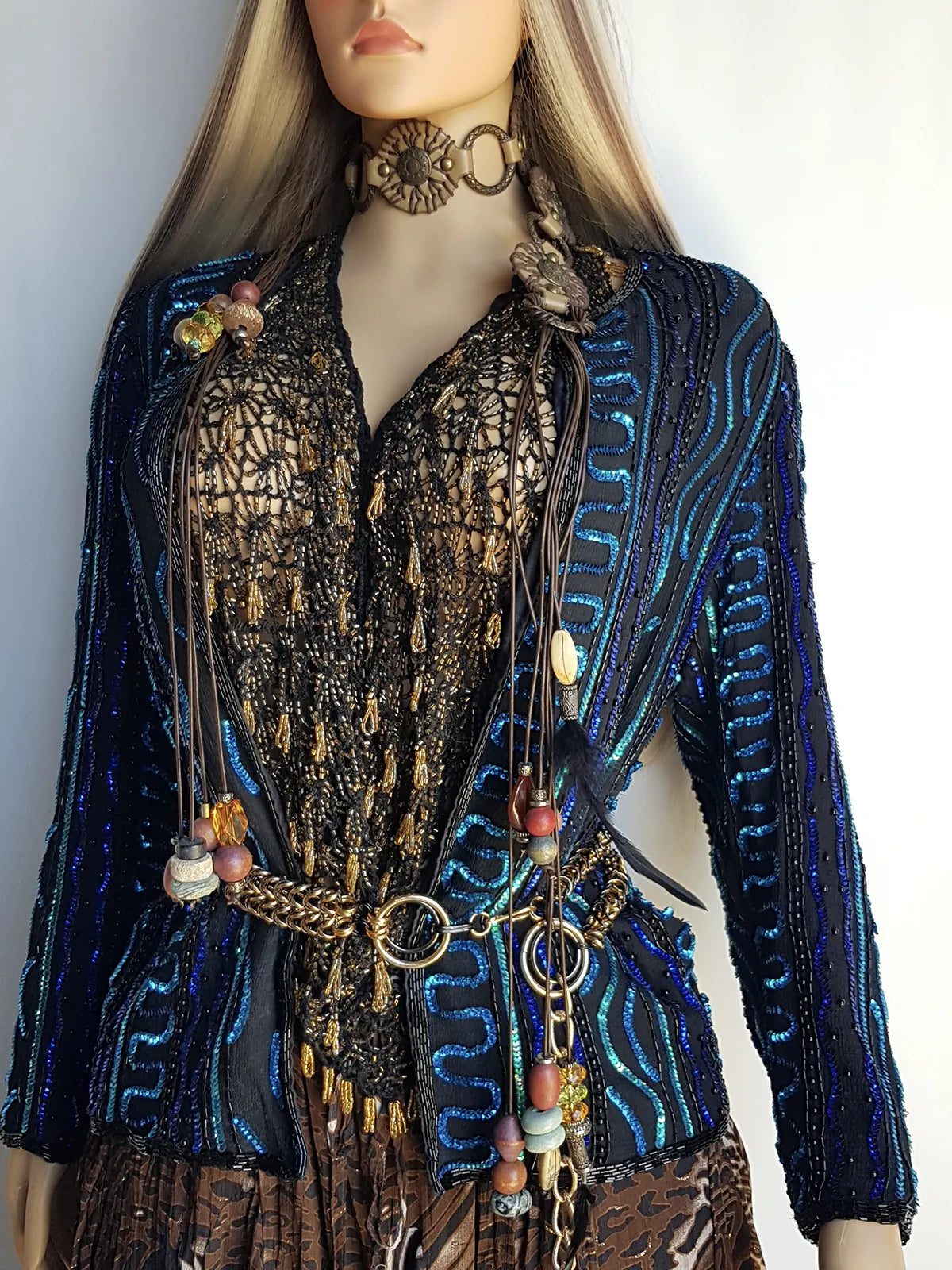 1980s Vintage 100% Silk Hand Beaded - Iridescent Blue - Sparkly Evening Jacket