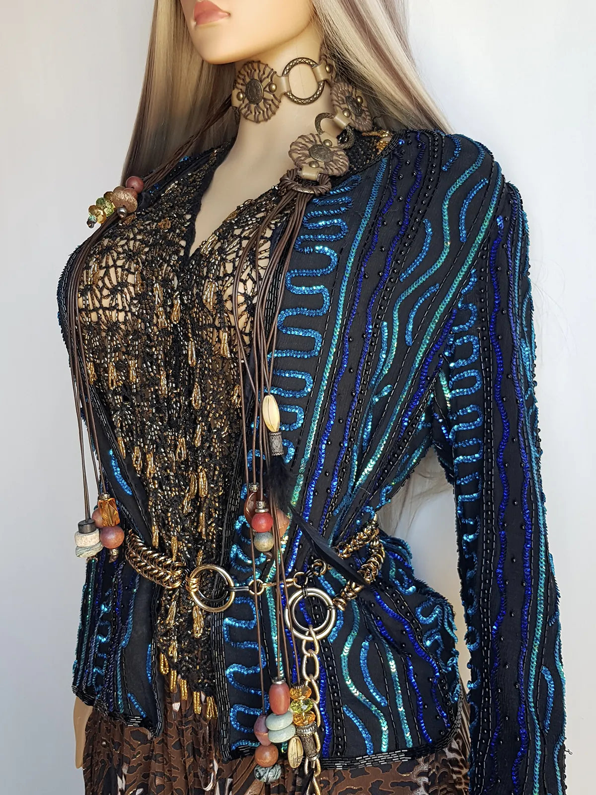 1980s Vintage 100% Silk Hand Beaded - Iridescent Blue - Sparkly Evening Jacket
