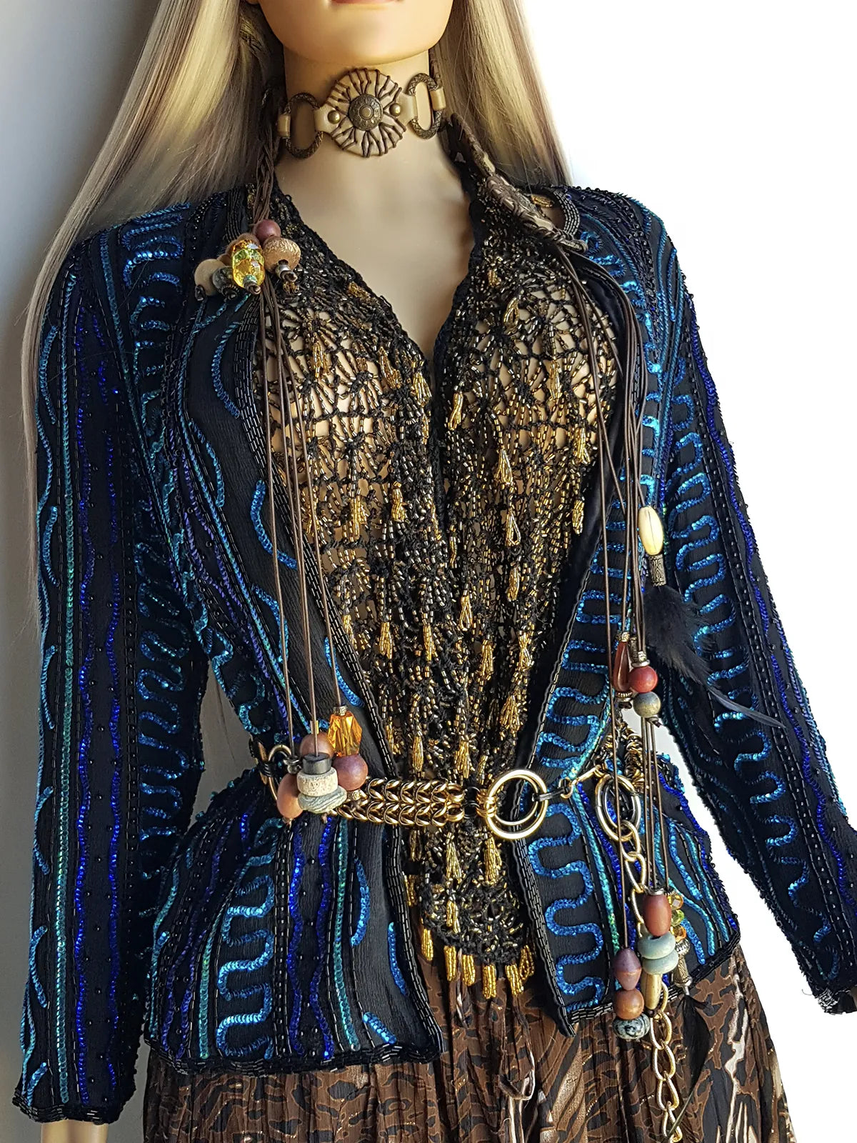 1980s Vintage 100% Silk Hand Beaded - Iridescent Blue - Sparkly Evening Jacket
