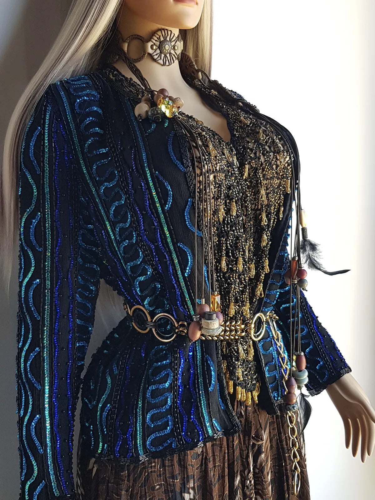 1980s Vintage 100% Silk Hand Beaded - Iridescent Blue - Sparkly Evening Jacket
