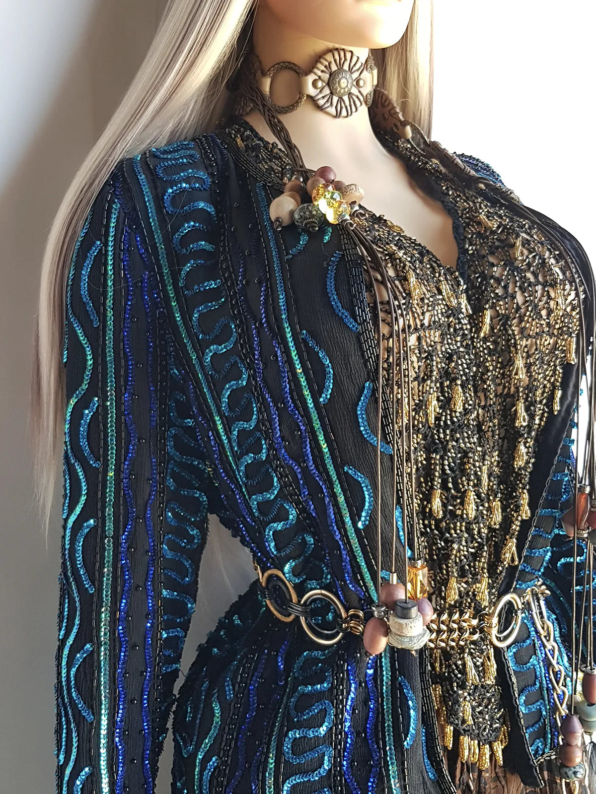 1980s Vintage 100% Silk Hand Beaded - Iridescent Blue - Sparkly Evening Jacket