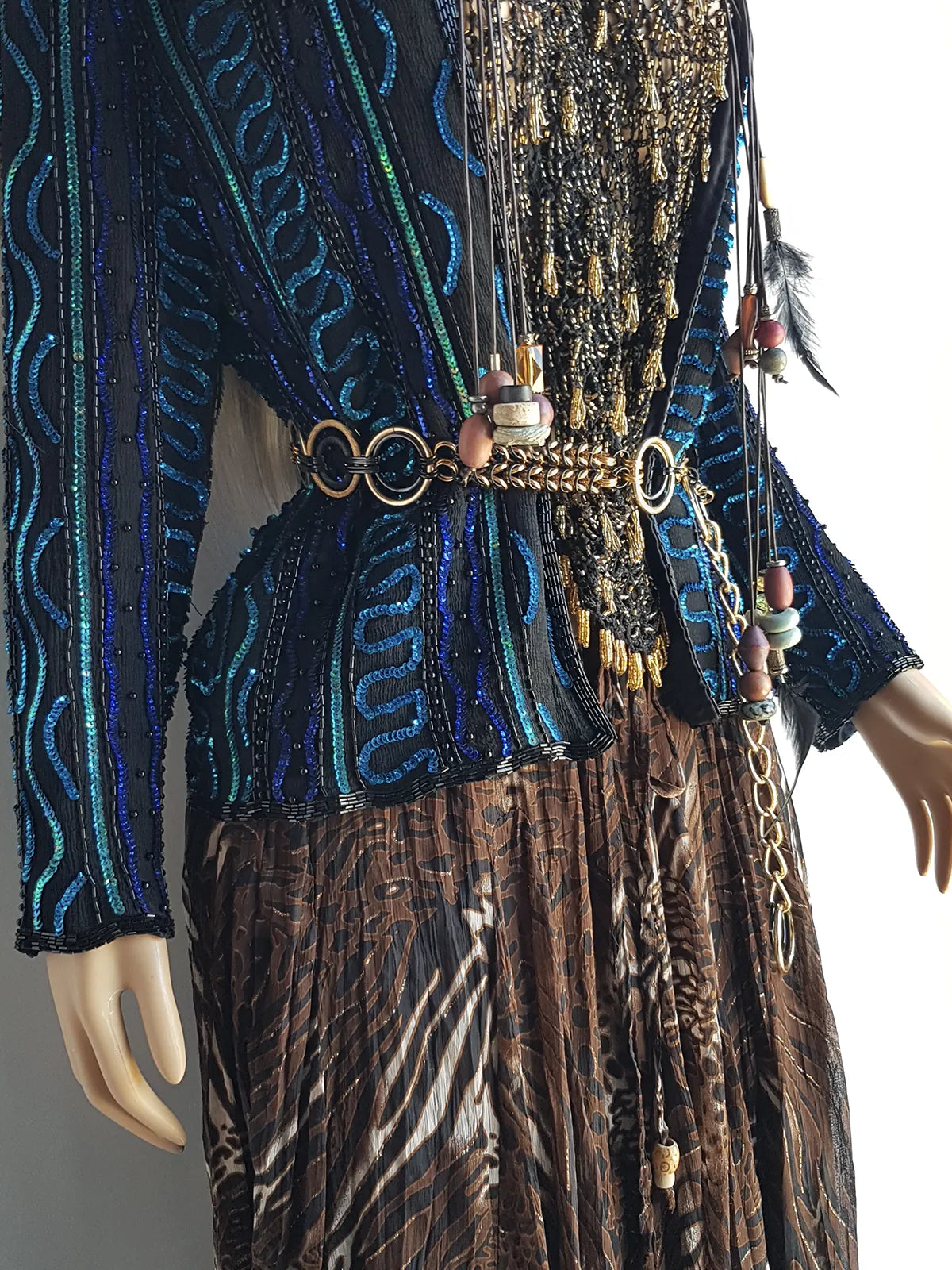 1980s Vintage 100% Silk Hand Beaded - Iridescent Blue - Sparkly Evening Jacket