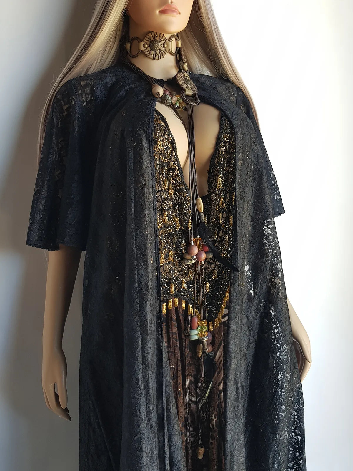1950s Vintage Lace Robe / Duster Coat - Full Length - Ornate Floral Lace - Button closure at neck - Dramatic Sleeves