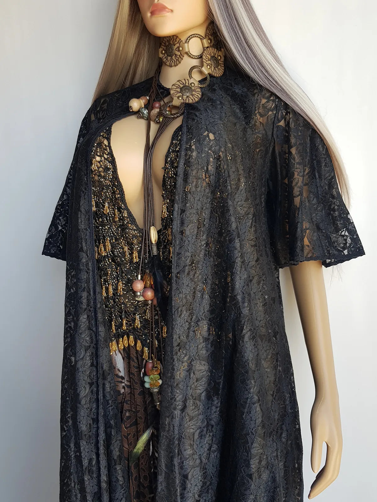 1950s Vintage Lace Robe / Duster Coat - Full Length - Ornate Floral Lace - Button closure at neck - Dramatic Sleeves