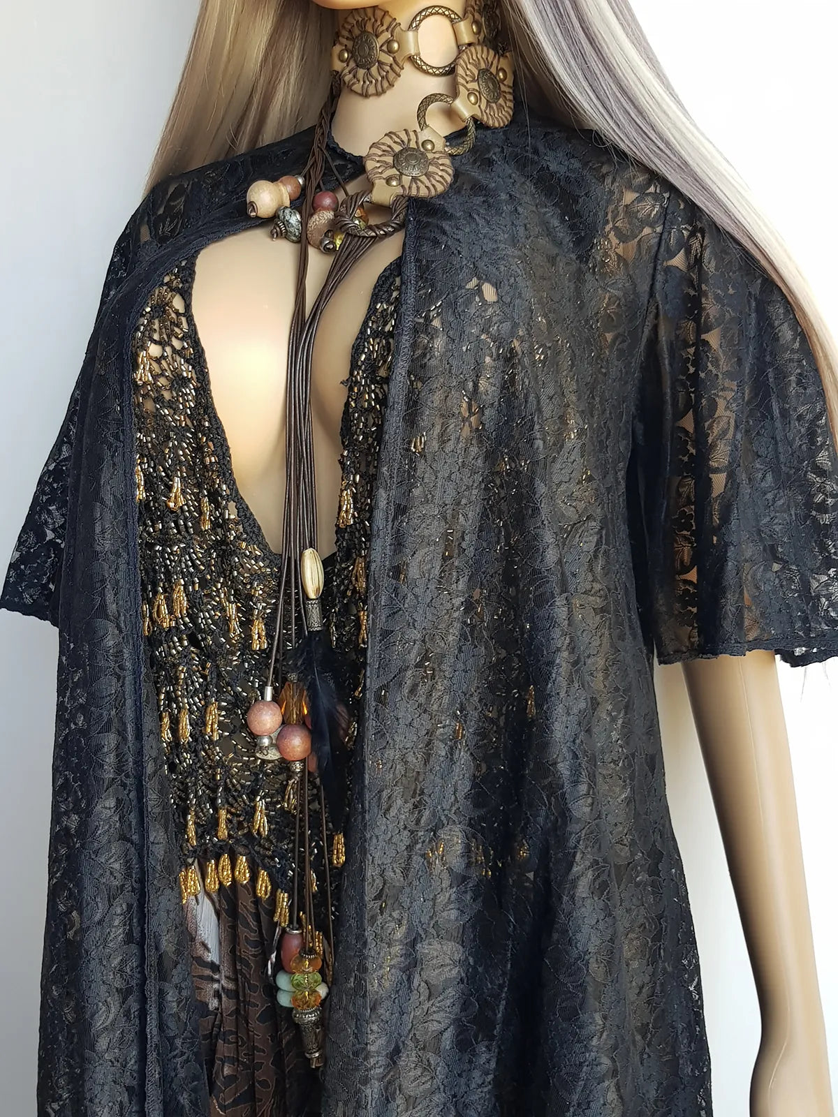 1950s Vintage Lace Robe / Duster Coat - Full Length - Ornate Floral Lace - Button closure at neck - Dramatic Sleeves