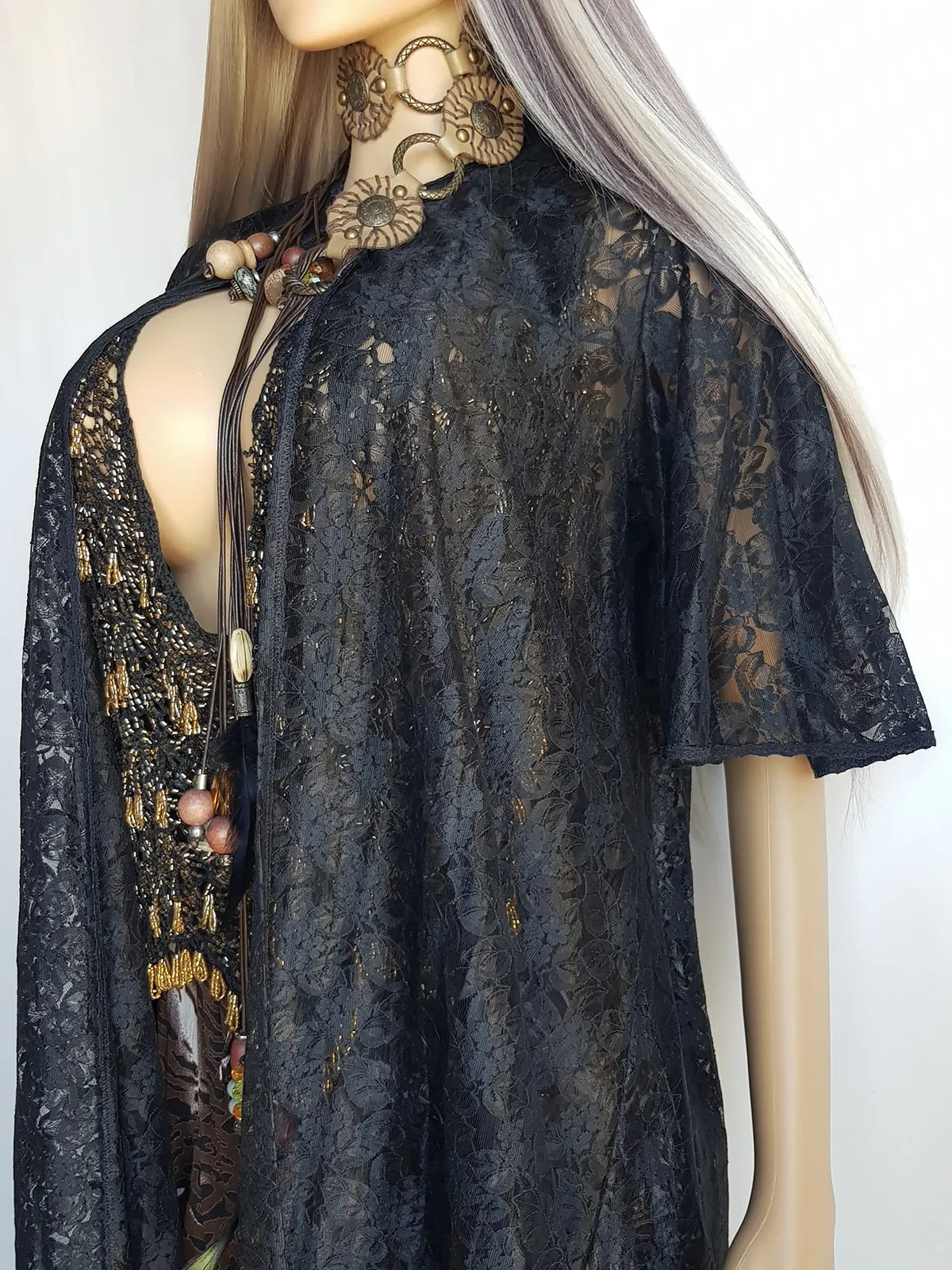 1950s Vintage Lace Robe / Duster Coat - Full Length - Ornate Floral Lace - Button closure at neck - Dramatic Sleeves