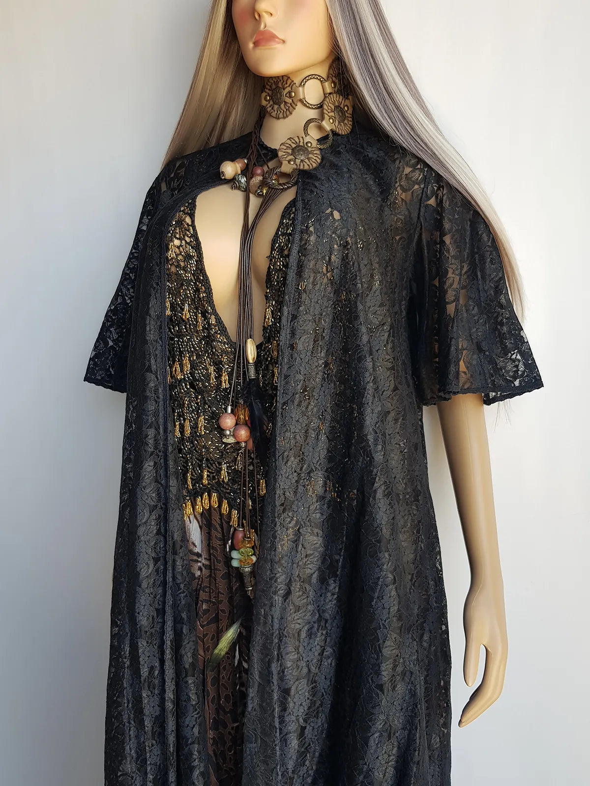 1950s Vintage Lace Robe / Duster Coat - Full Length - Ornate Floral Lace - Button closure at neck - Dramatic Sleeves