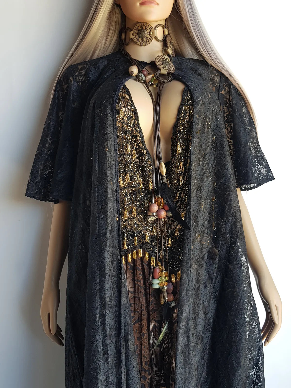 1950s Vintage Lace Robe / Duster Coat - Full Length - Ornate Floral Lace - Button closure at neck - Dramatic Sleeves