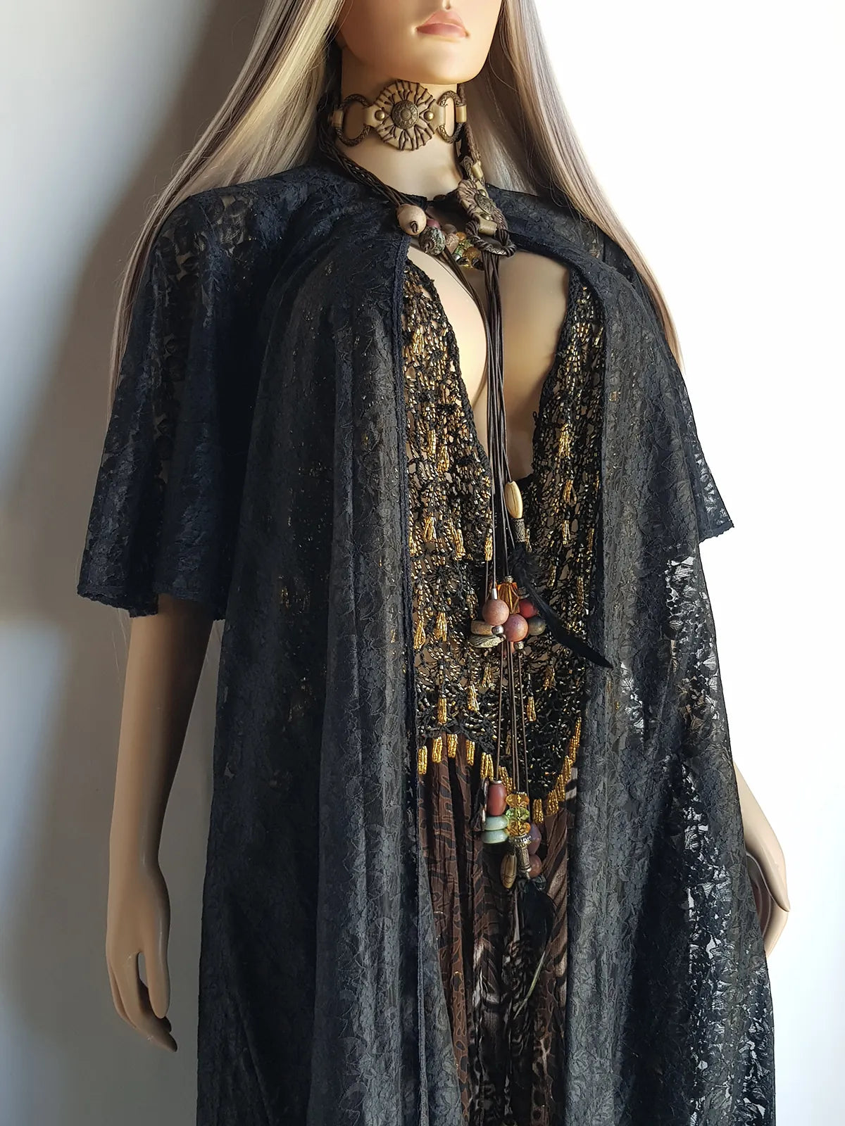 1950s Vintage Lace Robe / Duster Coat - Full Length - Ornate Floral Lace - Button closure at neck - Dramatic Sleeves