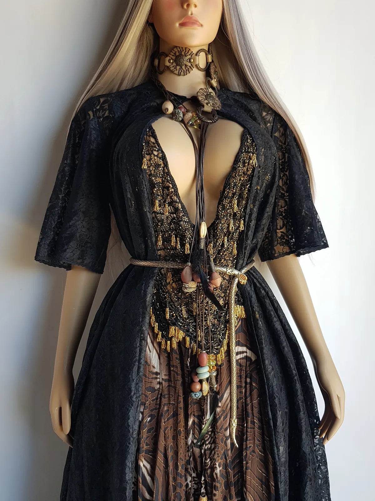 1950s Vintage Lace Robe / Duster Coat - Full Length - Ornate Floral Lace - Button closure at neck - Dramatic Sleeves