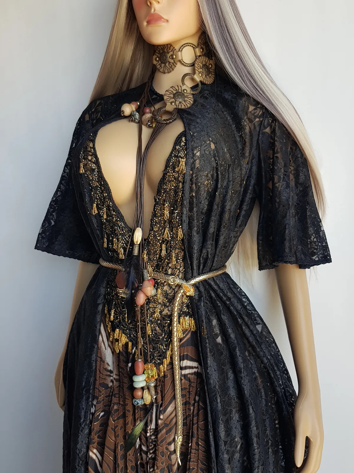 1950s Vintage Lace Robe / Duster Coat - Full Length - Ornate Floral Lace - Button closure at neck - Dramatic Sleeves