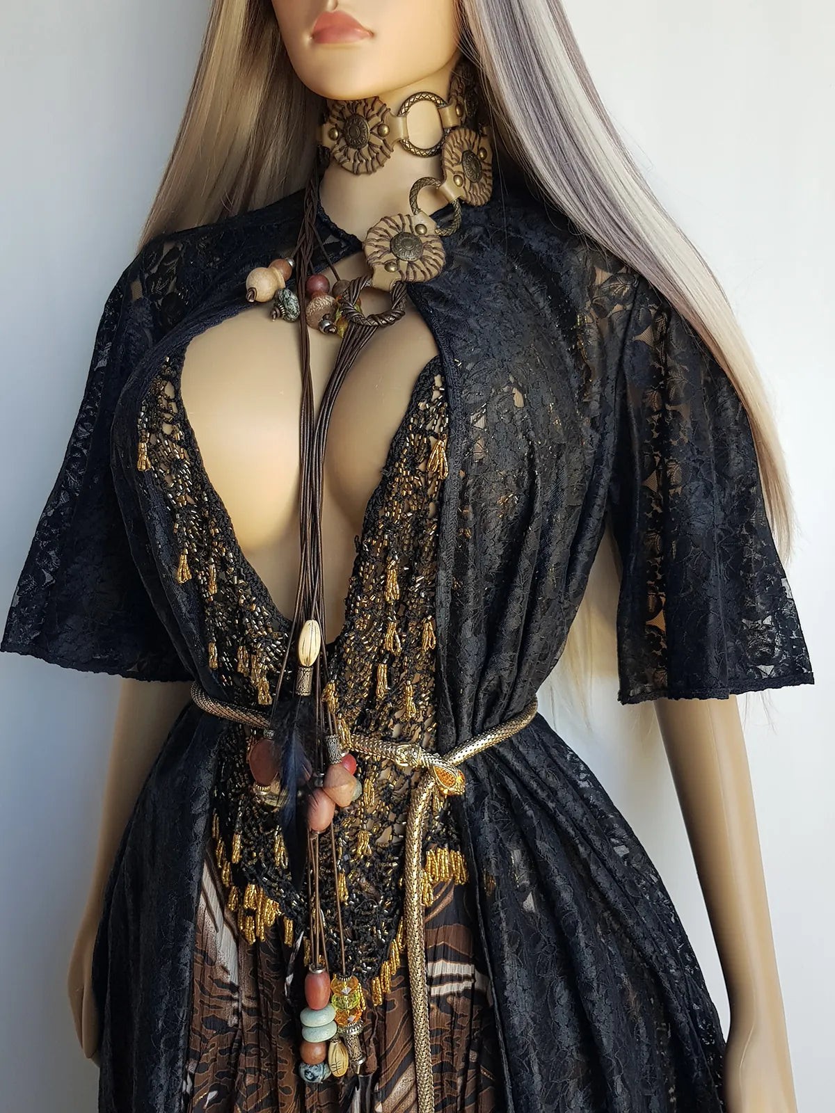 1950s Vintage Lace Robe / Duster Coat - Full Length - Ornate Floral Lace - Button closure at neck - Dramatic Sleeves