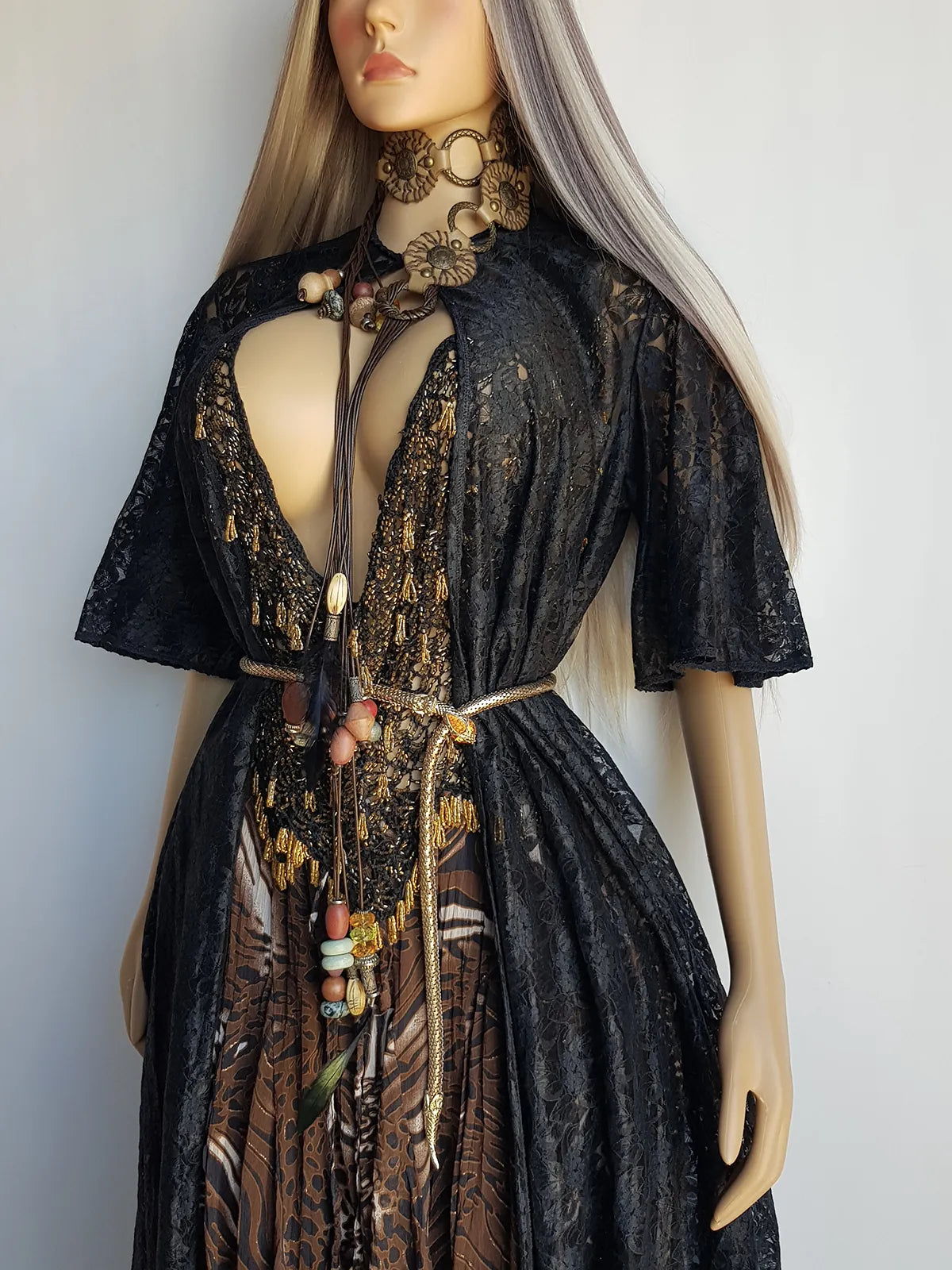 1950s Vintage Lace Robe / Duster Coat - Full Length - Ornate Floral Lace - Button closure at neck - Dramatic Sleeves