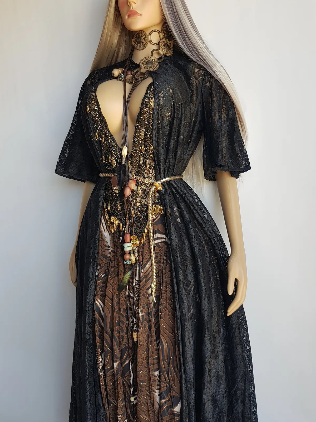 1950s Vintage Lace Robe / Duster Coat - Full Length - Ornate Floral Lace - Button closure at neck - Dramatic Sleeves