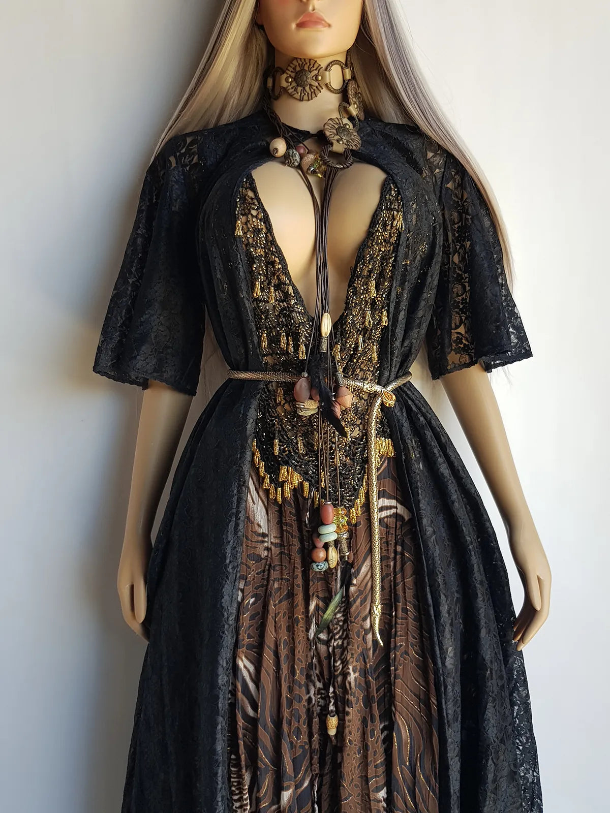 1950s Vintage Lace Robe / Duster Coat - Full Length - Ornate Floral Lace - Button closure at neck - Dramatic Sleeves