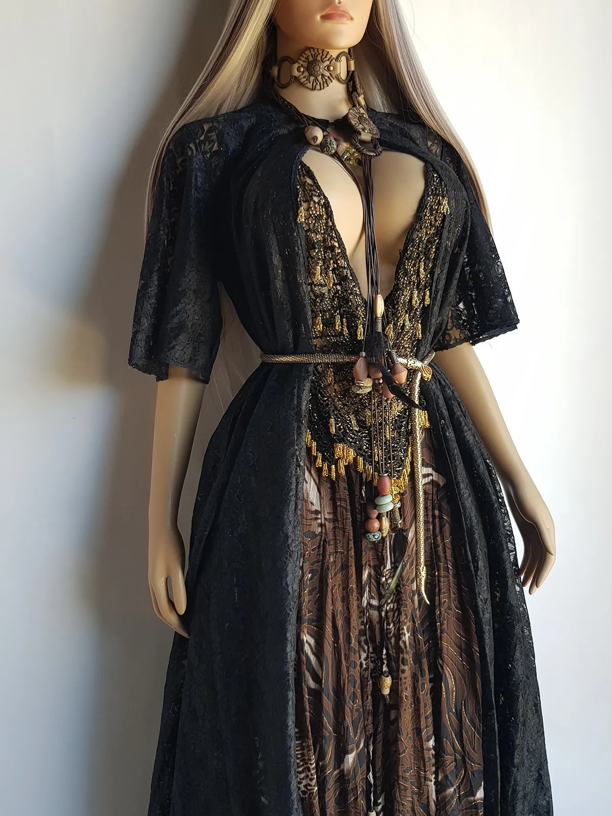 1950s Vintage Lace Robe / Duster Coat - Full Length - Ornate Floral Lace - Button closure at neck - Dramatic Sleeves