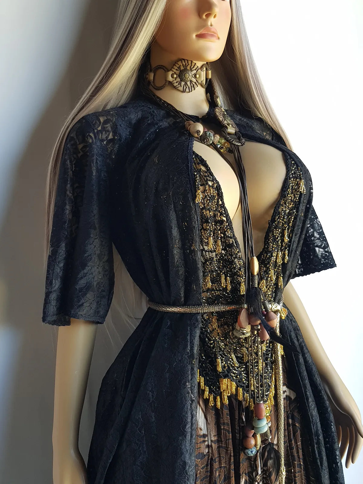 1950s Vintage Lace Robe / Duster Coat - Full Length - Ornate Floral Lace - Button closure at neck - Dramatic Sleeves