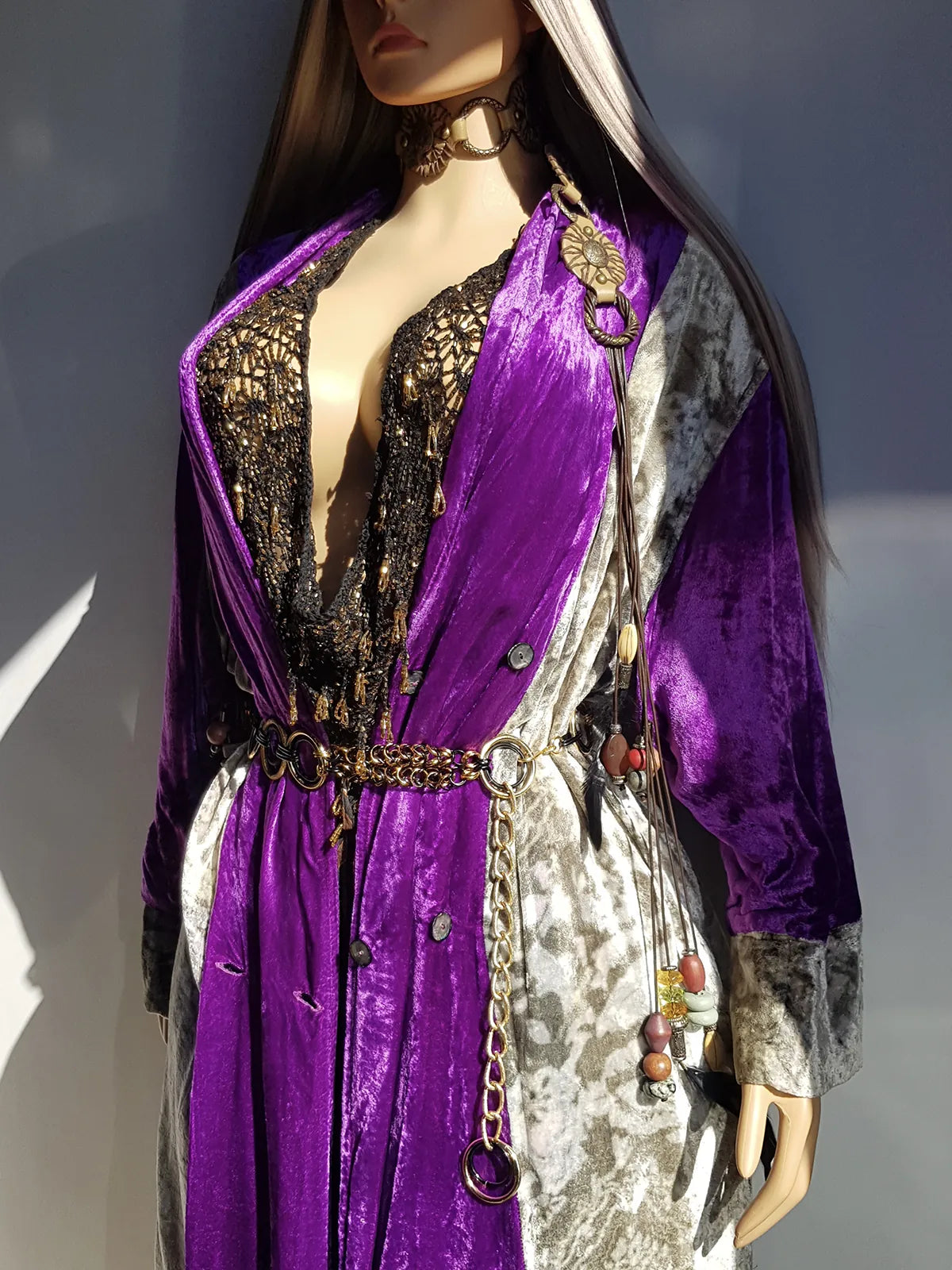 Insane 1970s Bohemian Full Length Mystical Velvet Coat - Two Tone Rich Vibrant Purple and Leopard Print Silver Velvet -  Wear Open or Closed With Buttons