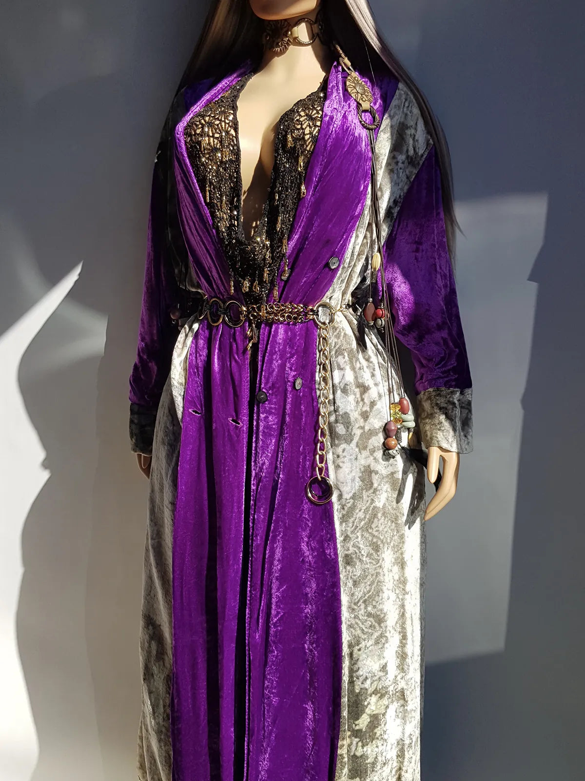 Insane 1970s Bohemian Full Length Mystical Velvet Coat - Two Tone Rich Vibrant Purple and Leopard Print Silver Velvet -  Wear Open or Closed With Buttons