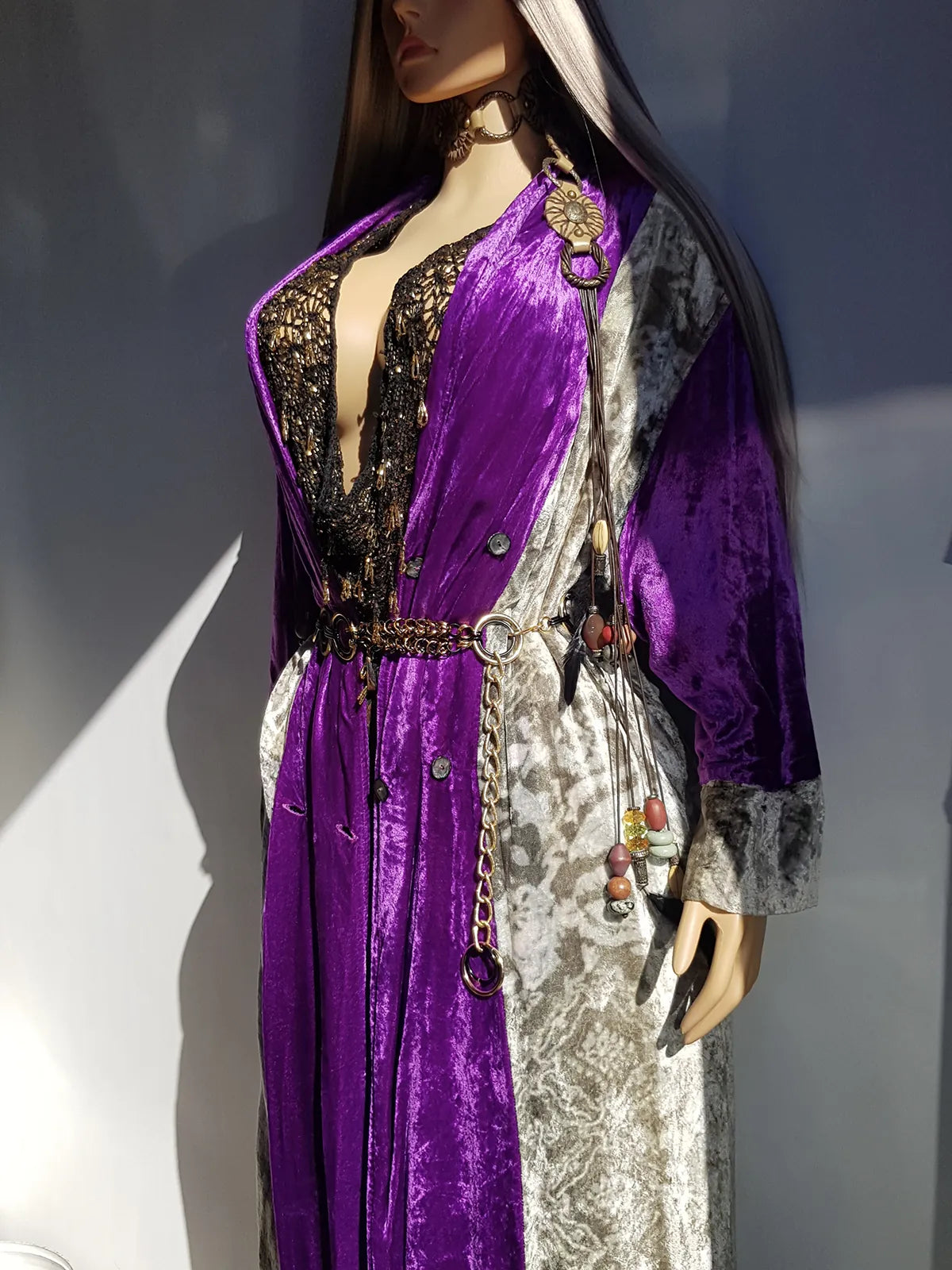 Insane 1970s Bohemian Full Length Mystical Velvet Coat - Two Tone Rich Vibrant Purple and Leopard Print Silver Velvet -  Wear Open or Closed With Buttons