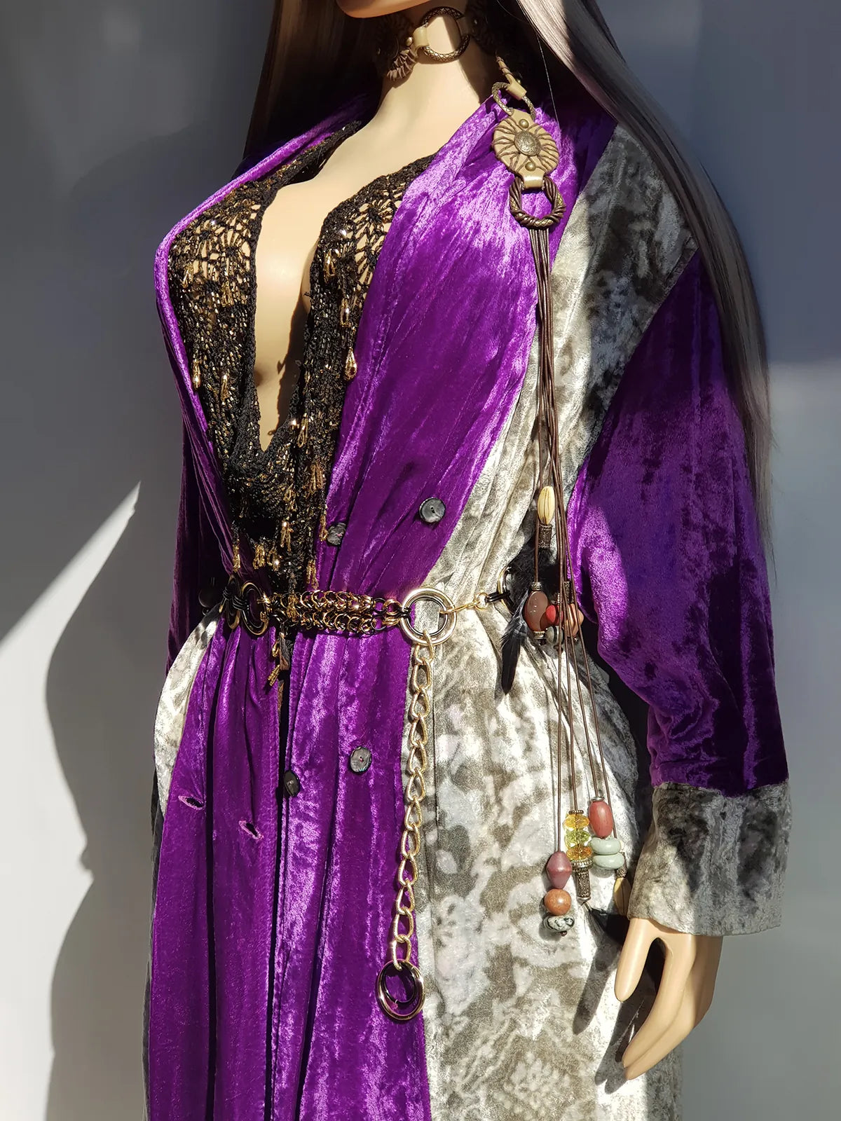 Insane 1970s Bohemian Full Length Mystical Velvet Coat - Two Tone Rich Vibrant Purple and Leopard Print Silver Velvet -  Wear Open or Closed With Buttons