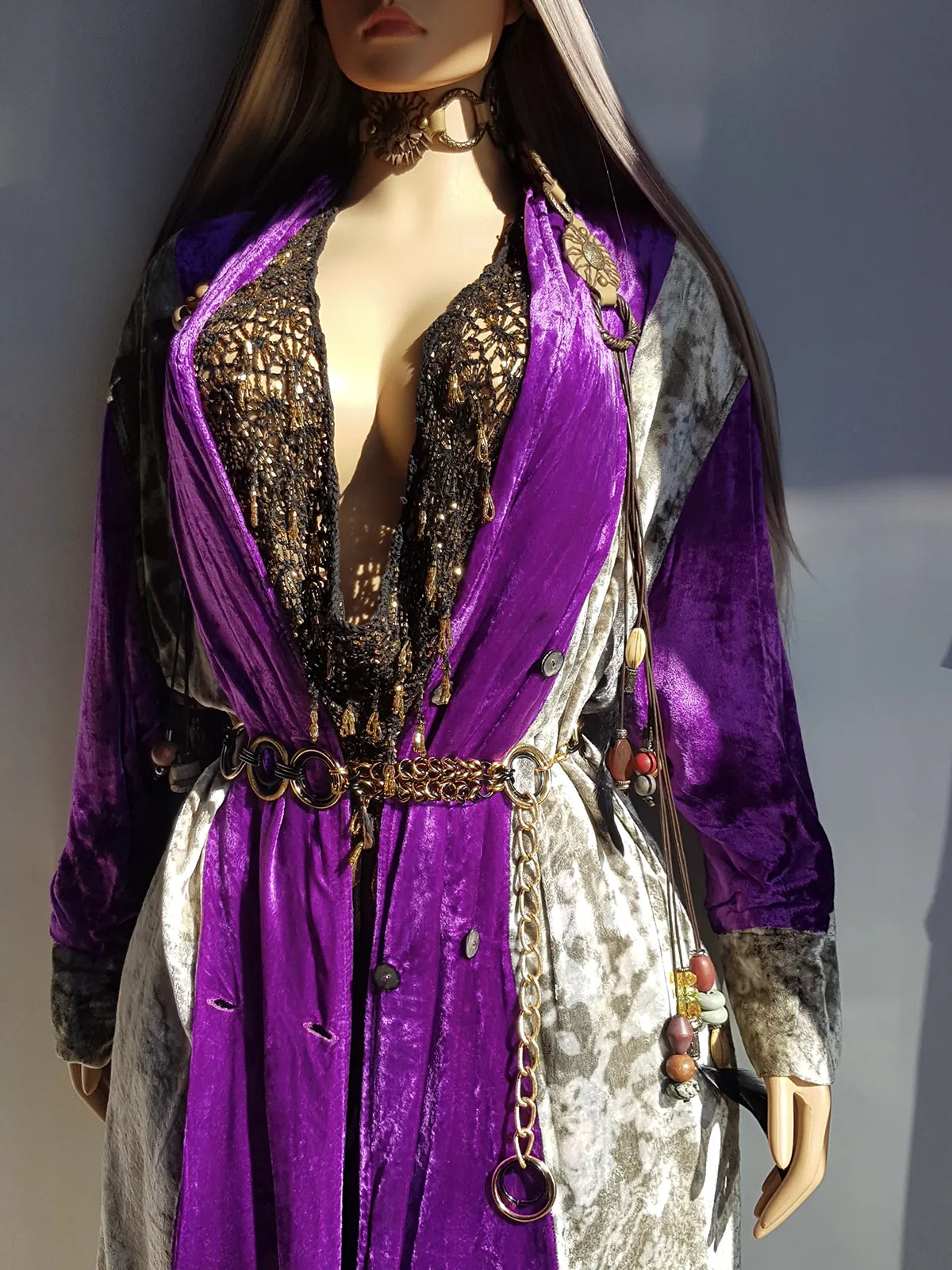 Insane 1970s Bohemian Full Length Mystical Velvet Coat - Two Tone Rich Vibrant Purple and Leopard Print Silver Velvet -  Wear Open or Closed With Buttons