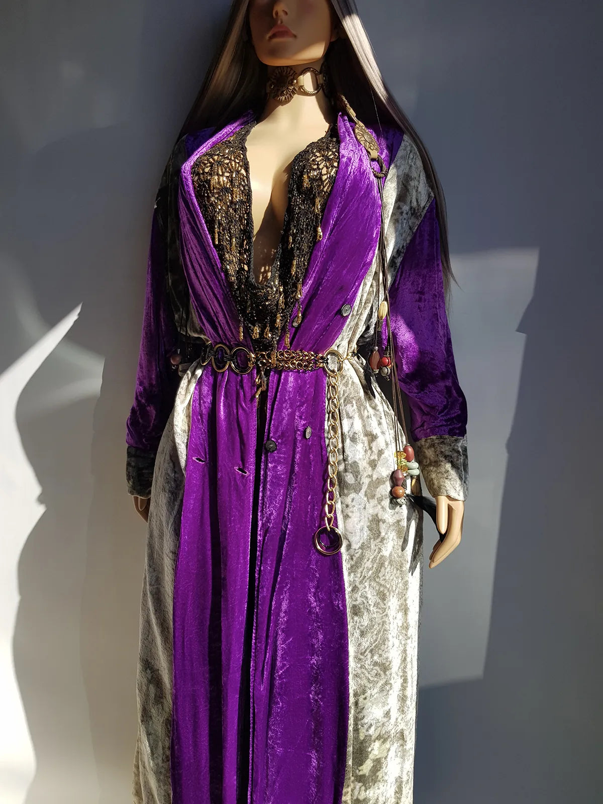 Insane 1970s Bohemian Full Length Mystical Velvet Coat - Two Tone Rich Vibrant Purple and Leopard Print Silver Velvet -  Wear Open or Closed With Buttons
