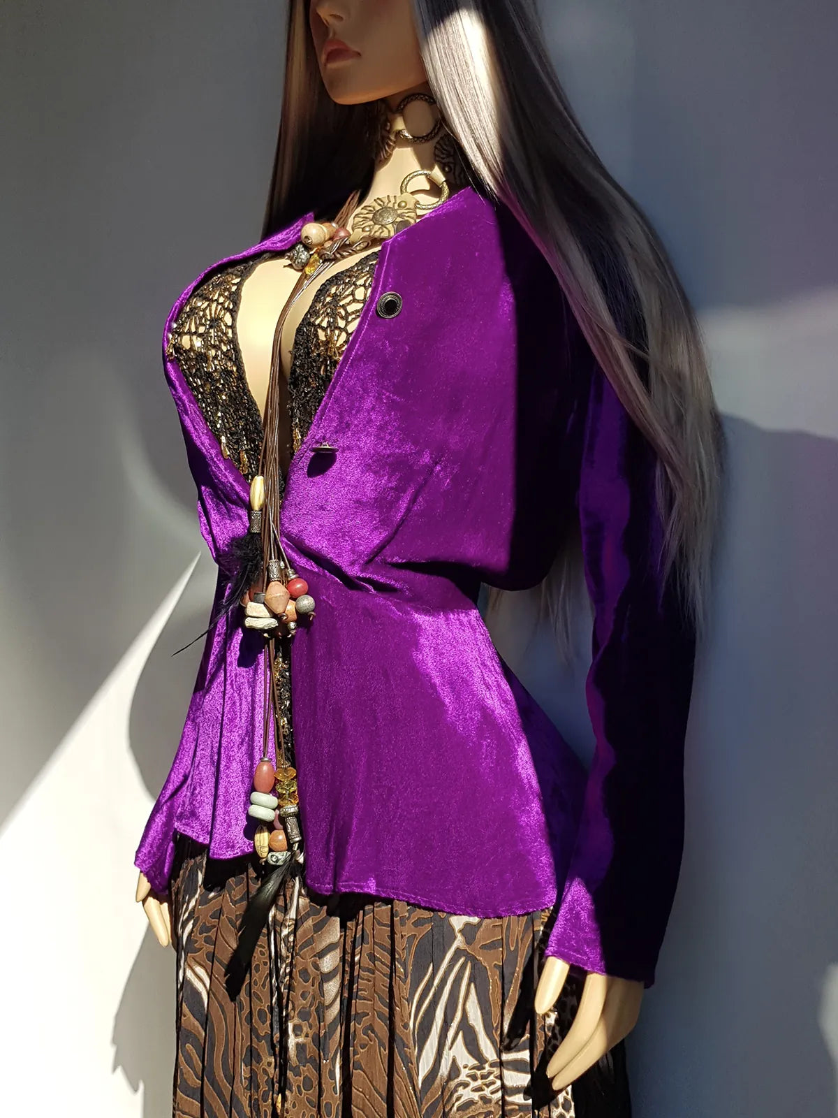 Rich Purple Hourglass Vintage Jacket - 1970s Hand Dyed - Flouncy & Mystical - Light Perfect Layering Piece - Ornate Metal Buttons