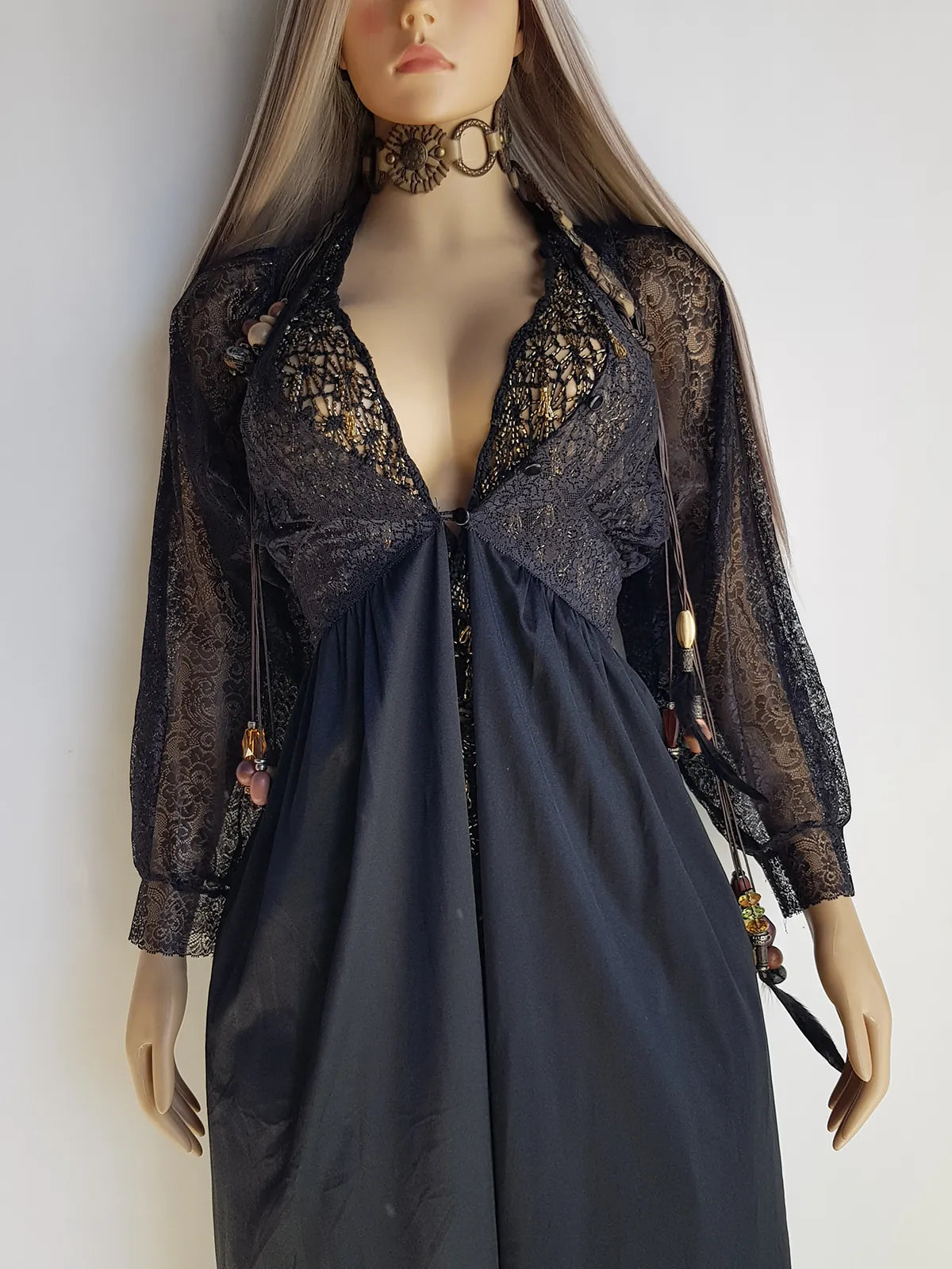 Gothic Romantic Robe / Duster Coat in Pitch Black Lace - Hourglass Shape with Button Under Bust - Lace Bodice and Sleeves - Full Length