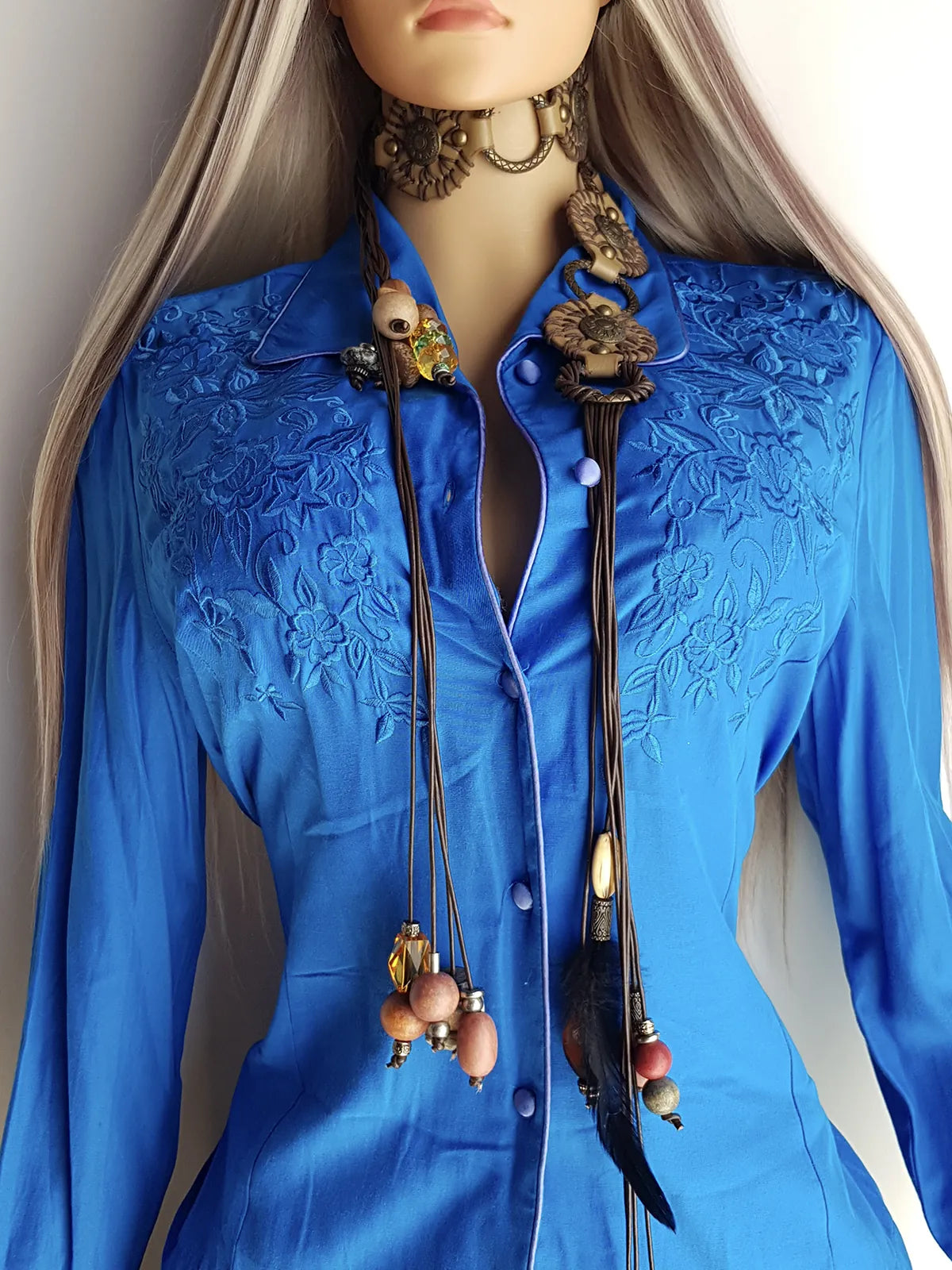 Heavily Embroidered Vintage Cowgirl Shirt - Vibrant Blue - Embroidered Chest & Sleeves - Fitted Hourglass - Stunning Embroidery & Piping - Button Front
