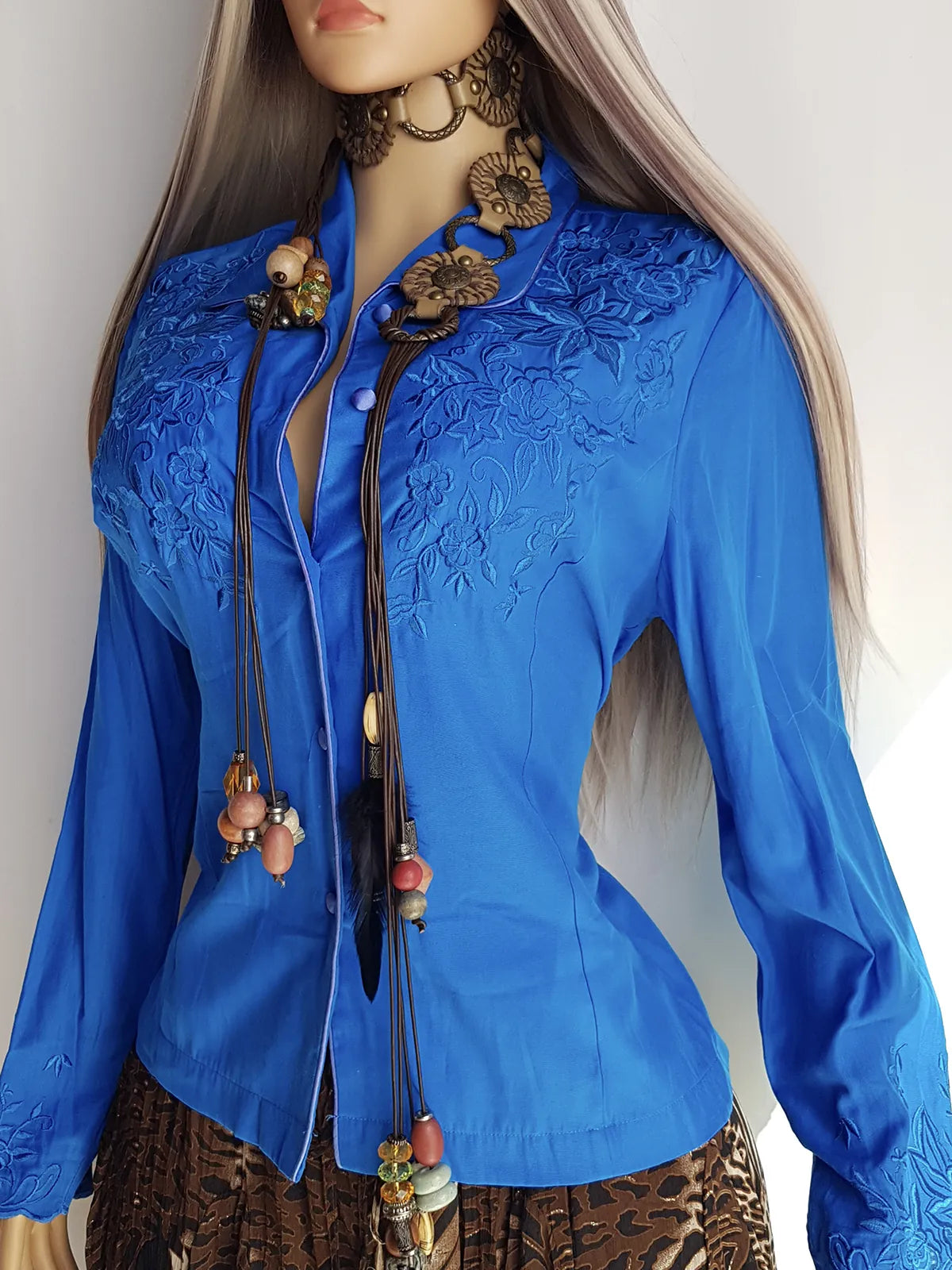 Heavily Embroidered Vintage Cowgirl Shirt - Vibrant Blue - Embroidered Chest & Sleeves - Fitted Hourglass - Stunning Embroidery & Piping - Button Front