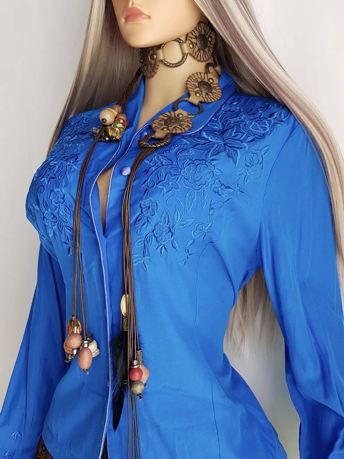 Heavily Embroidered Vintage Cowgirl Shirt - Vibrant Blue - Embroidered Chest & Sleeves - Fitted Hourglass - Stunning Embroidery & Piping - Button Front