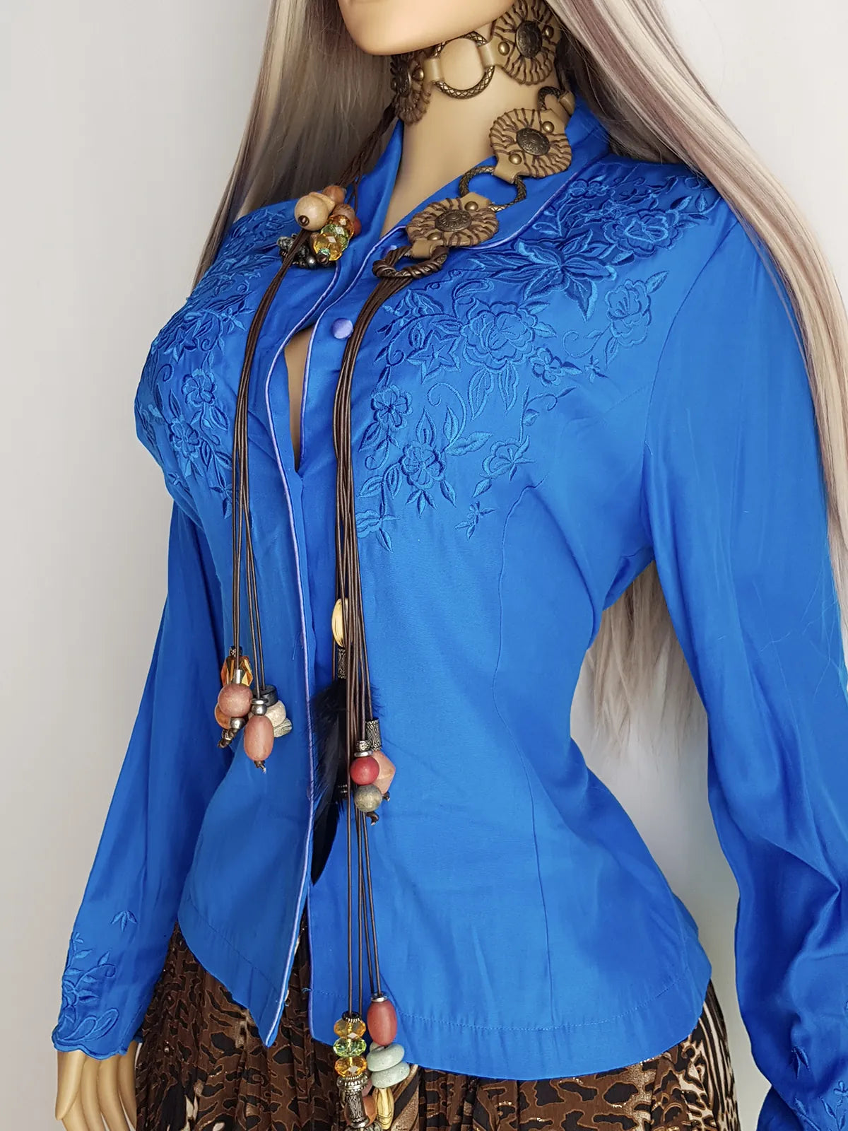 Heavily Embroidered Vintage Cowgirl Shirt - Vibrant Blue - Embroidered Chest & Sleeves - Fitted Hourglass - Stunning Embroidery & Piping - Button Front