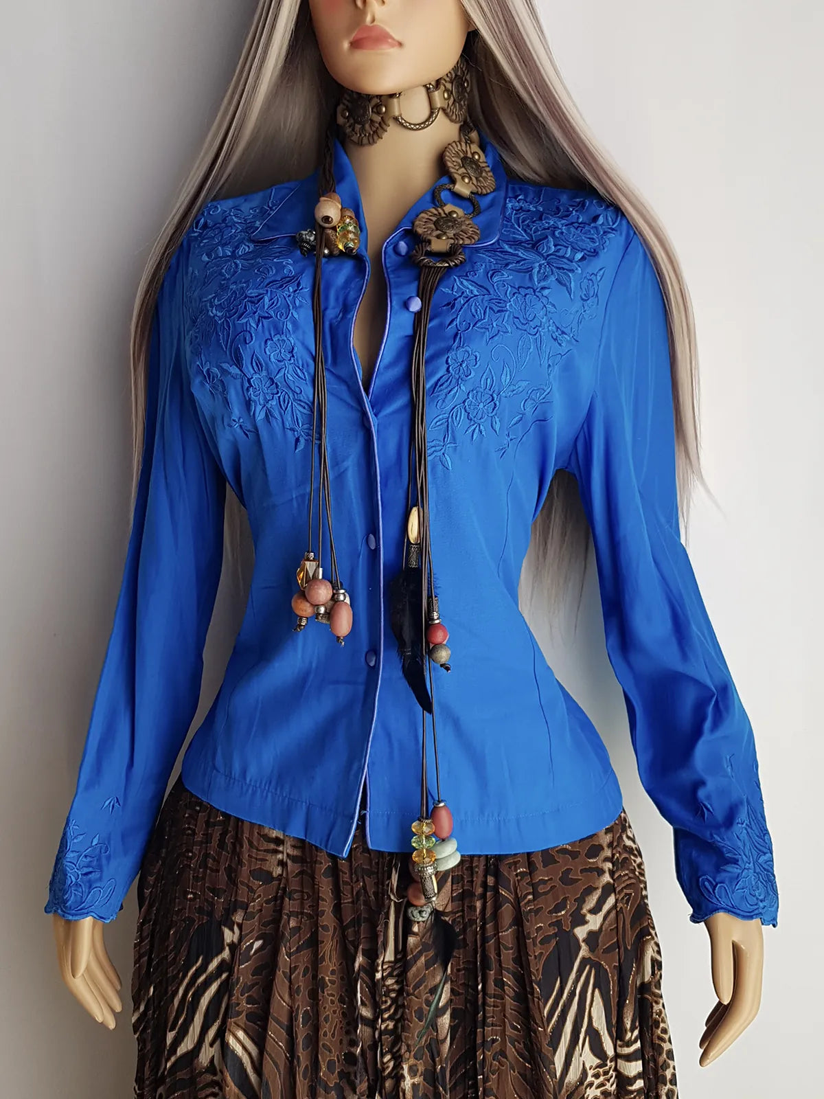 Heavily Embroidered Vintage Cowgirl Shirt - Vibrant Blue - Embroidered Chest & Sleeves - Fitted Hourglass - Stunning Embroidery & Piping - Button Front