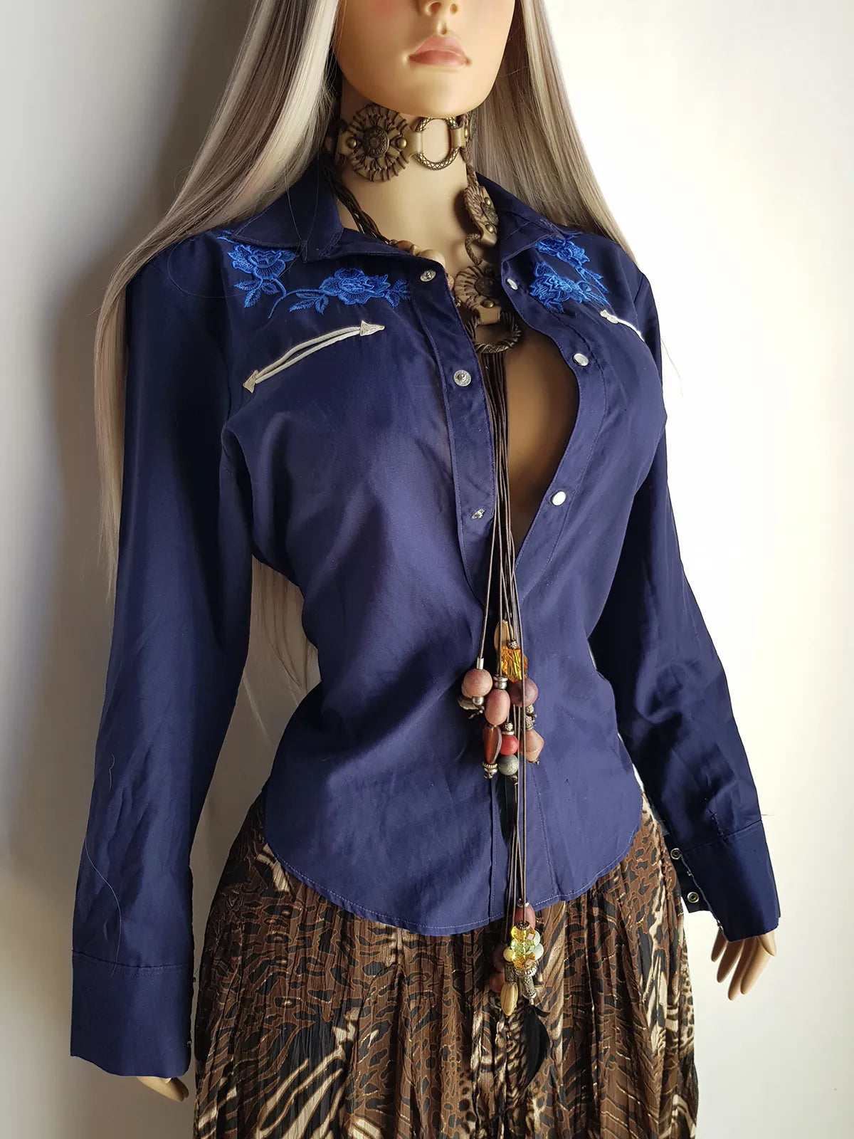 Embroidered Vintage Cowgirl Shirt - Deep Blue - Embroidered Chest - Fitted Hourglass - Stunning Vibrant Blue Embroidery & White Piping - Pop Button Front