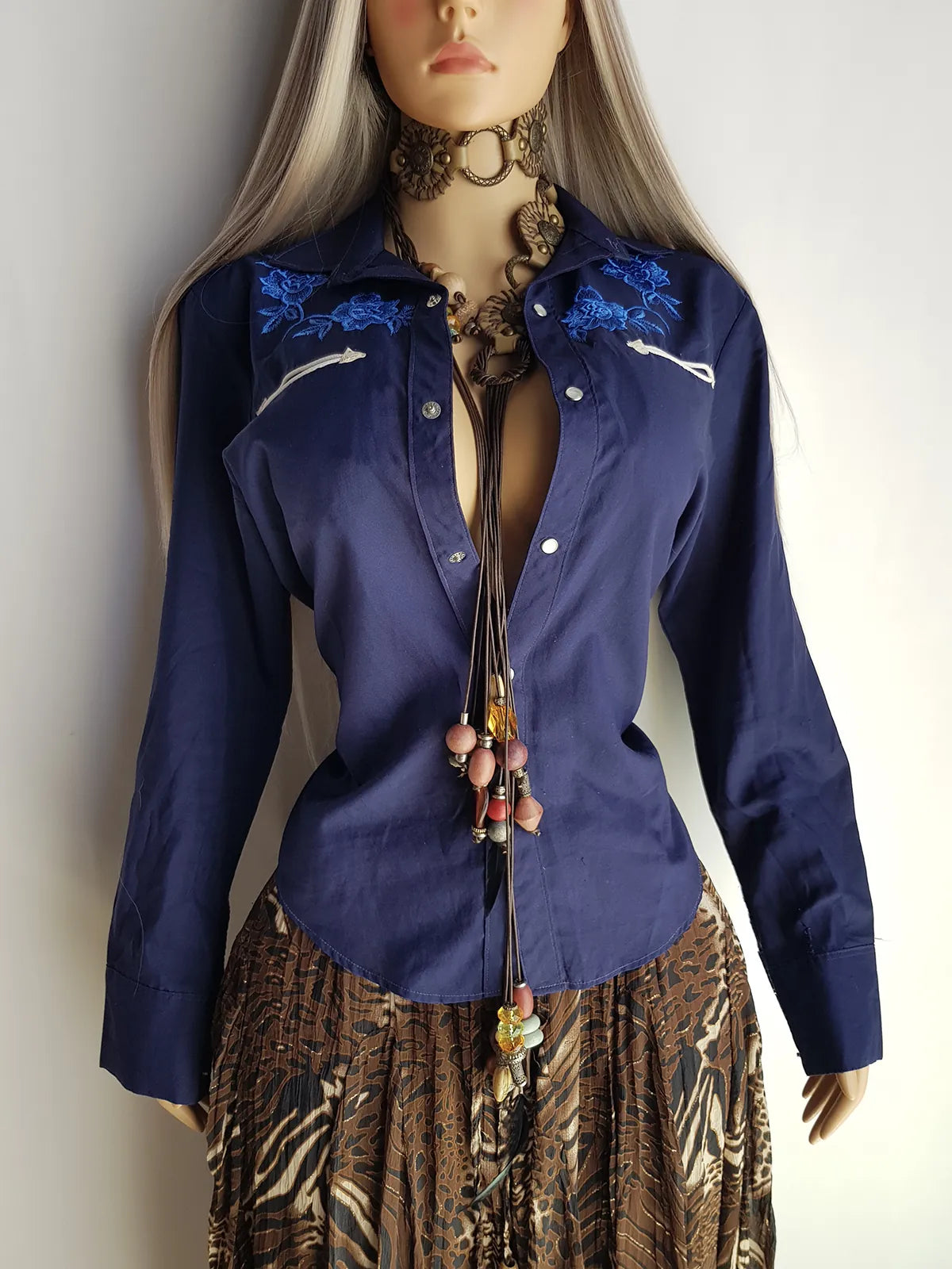 Embroidered Vintage Cowgirl Shirt - Deep Blue - Embroidered Chest - Fitted Hourglass - Stunning Vibrant Blue Embroidery & White Piping - Pop Button Front